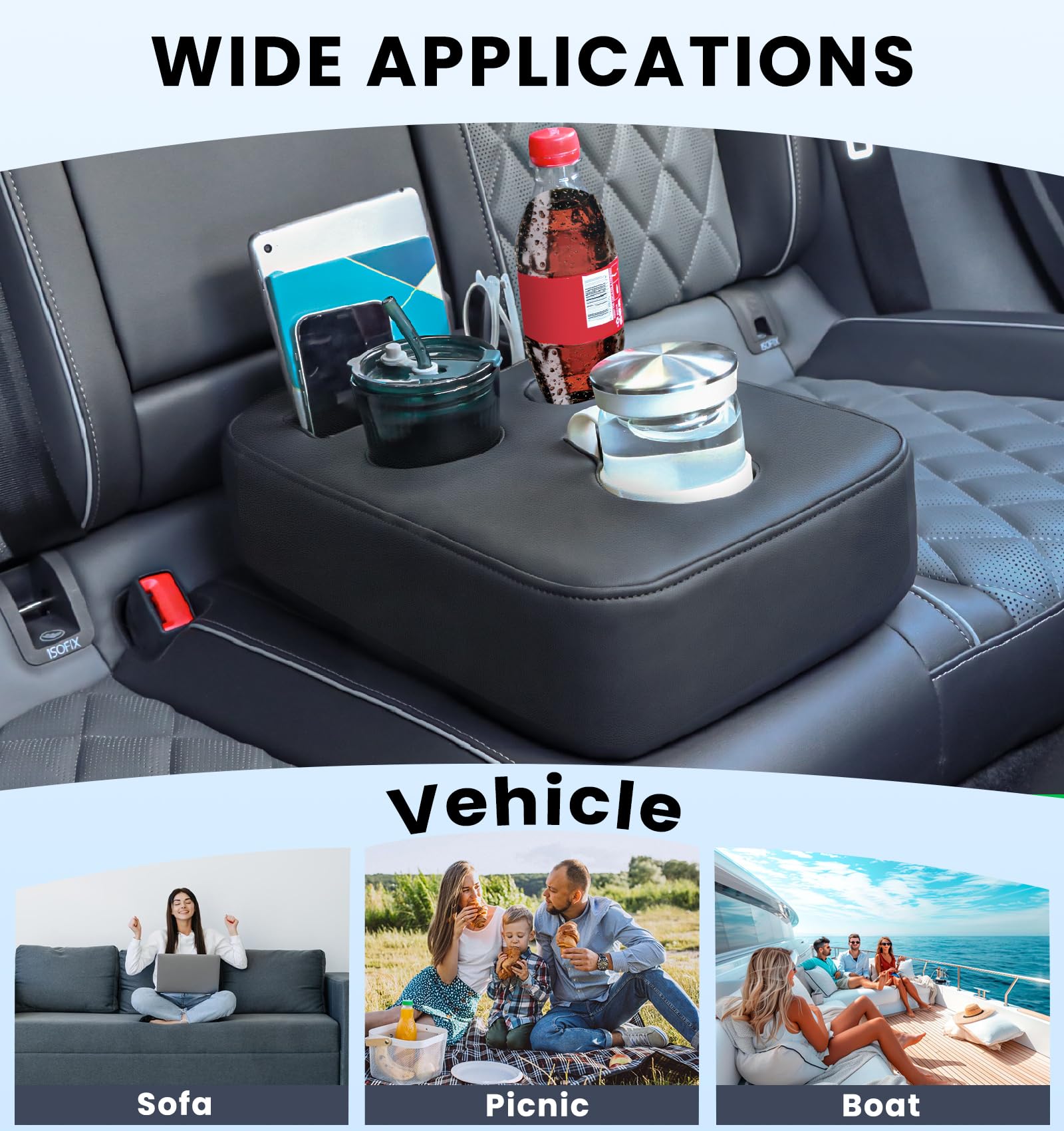 Premium Car Cup Holder Organizer - Back Seat PU Leather Drink Tray for Vehicles (Trucks, SUVs, Minivans, RVs) with Snack & Remote Storage - Perfect for Road Trips, Camping & Family Travel