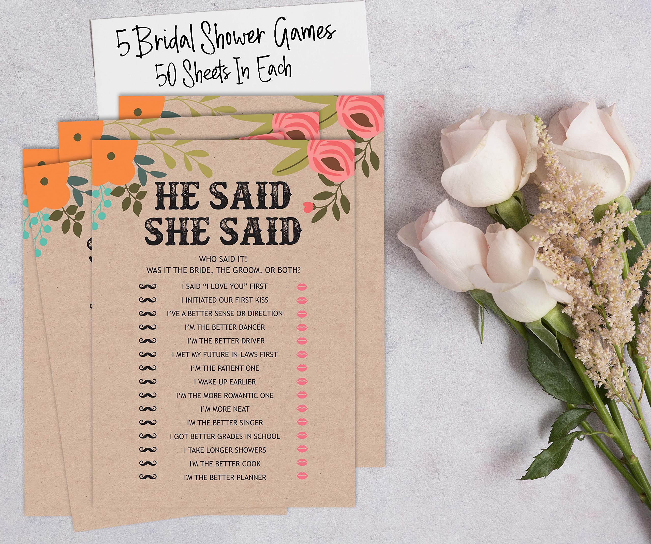Bachelorette Party Games Set - 5 Fun Bridal Shower Activities for 50 Guests | Rustic Kraft Floral Theme | Perfect for Wedding Showers, Girls Night Out & Bridal Celebrations