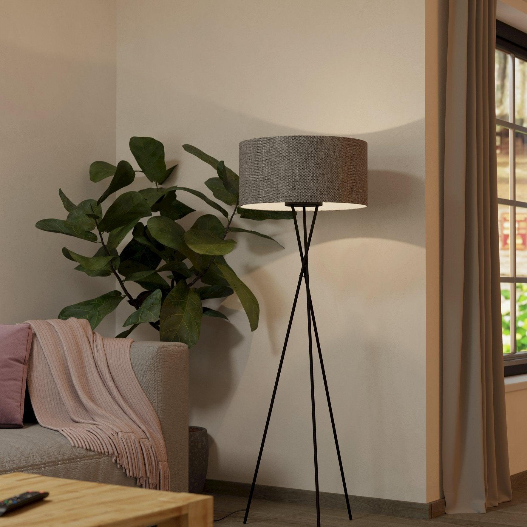 Eglo Fondachelli Black Tripod Floor Lamp with Grey Linen Shade - Modern Lighting for Living Room, Bedroom & Office Decor