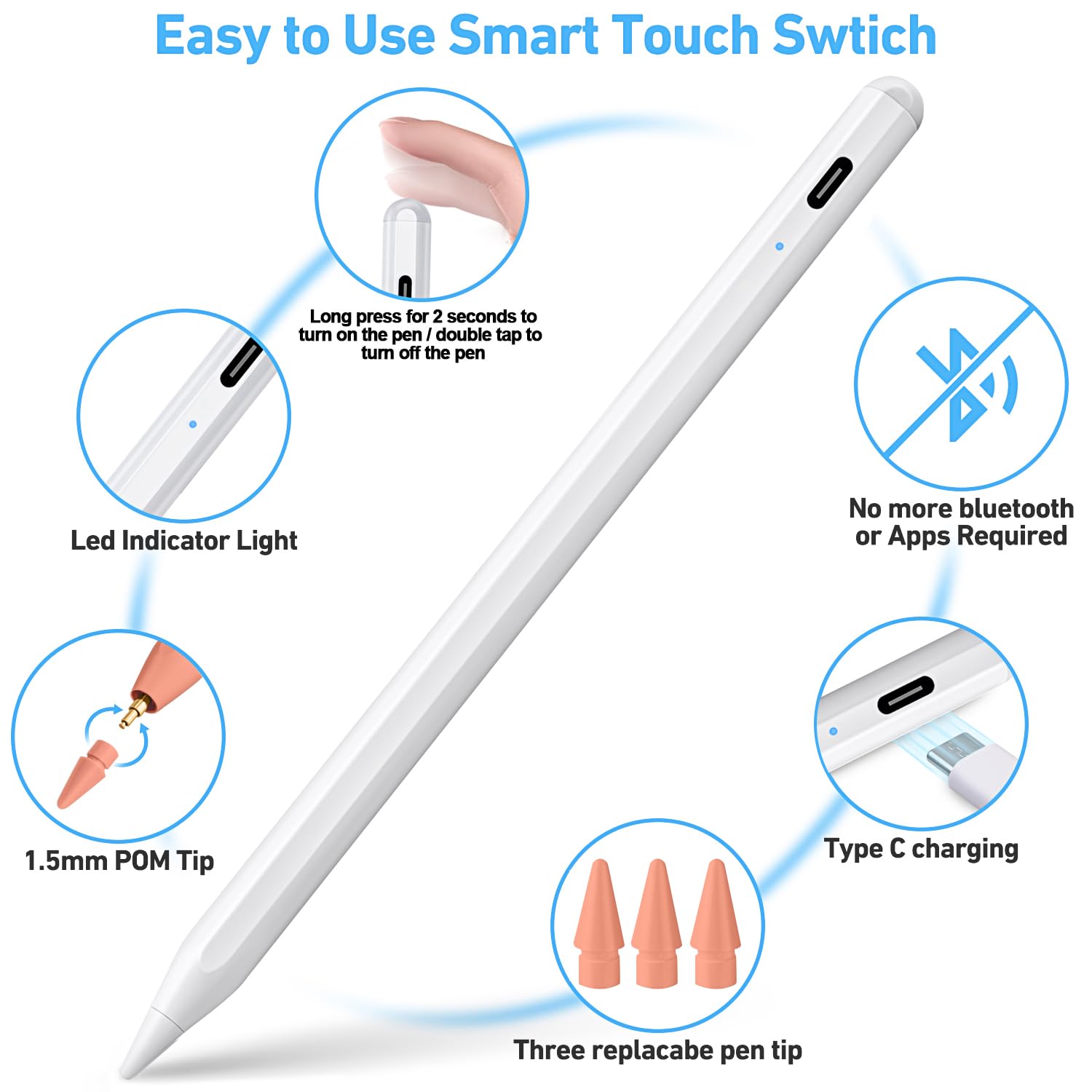 **Apple Pencil Alternative - Stylus Pen for iPad Pro/Air/Mini (2018-2022) with Fast Charging, Palm Rejection & Tilt Sensor | Magnetic Design for Drawing, Note-Taking & Digital Art**    *(Note: This optimized title includes SEO-friendly keywords, translates any Chinese terms to English, and adds usage scenarios like drawing, note-taking, and digital art.)*