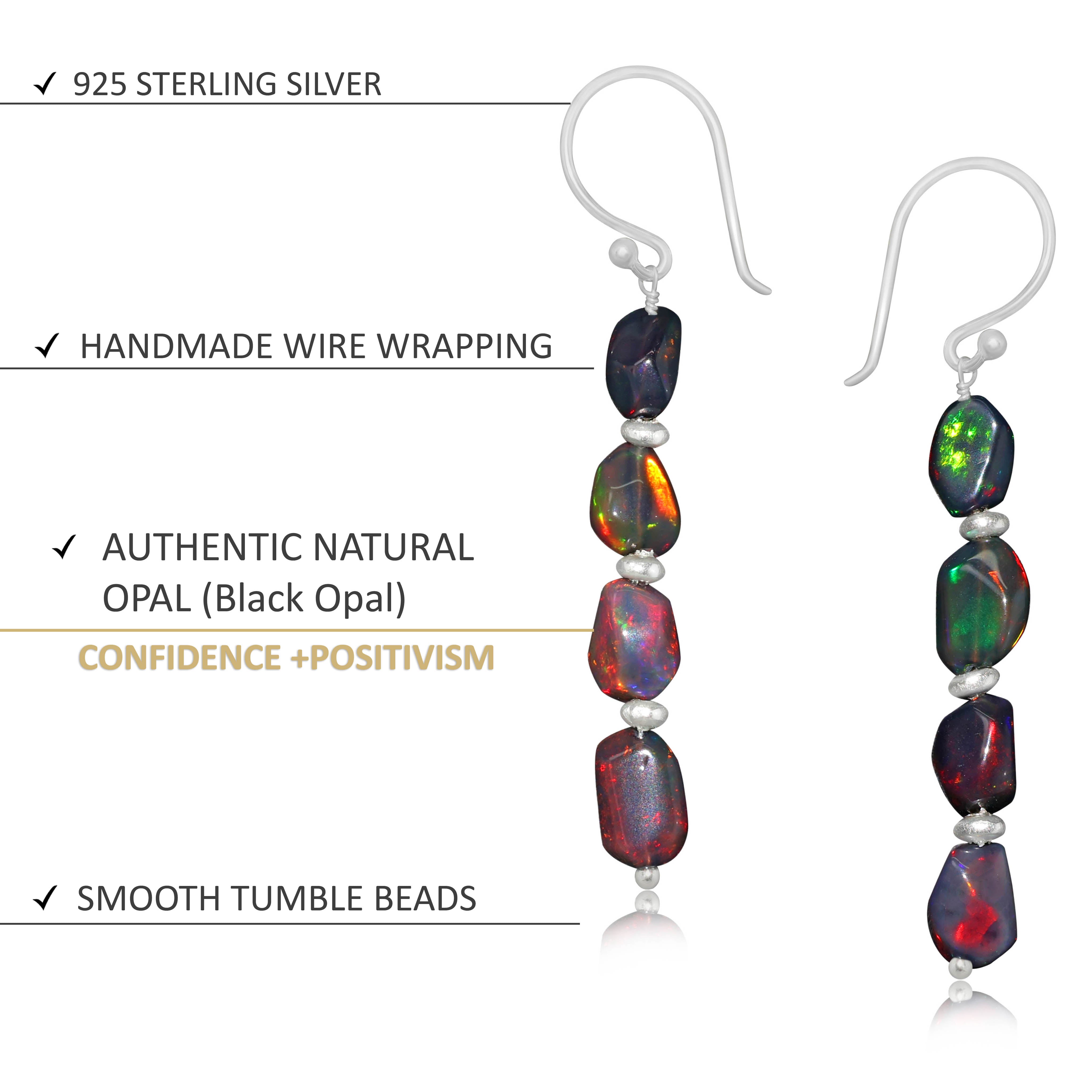 Natural Black Opal Tumble Bead Linear Dangle Earrings | Handmade Gemstone Jewelry for Women | Perfect for Parties, Weddings & Special Occasions