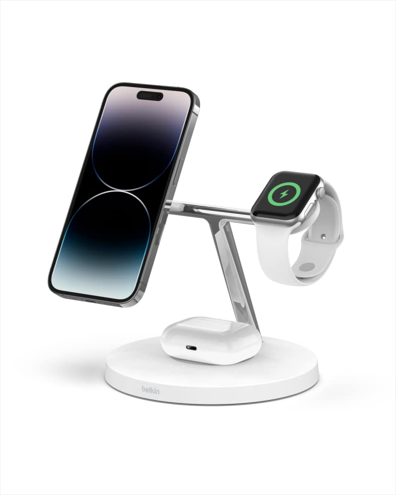Belkin MagSafe 3-in-1 Wireless Charging Station - Fast 15W Charger for iPhone 13/12/Pro/Max/Mini, Apple Watch & AirPods - Compact Charging Stand for Home, Office & Travel