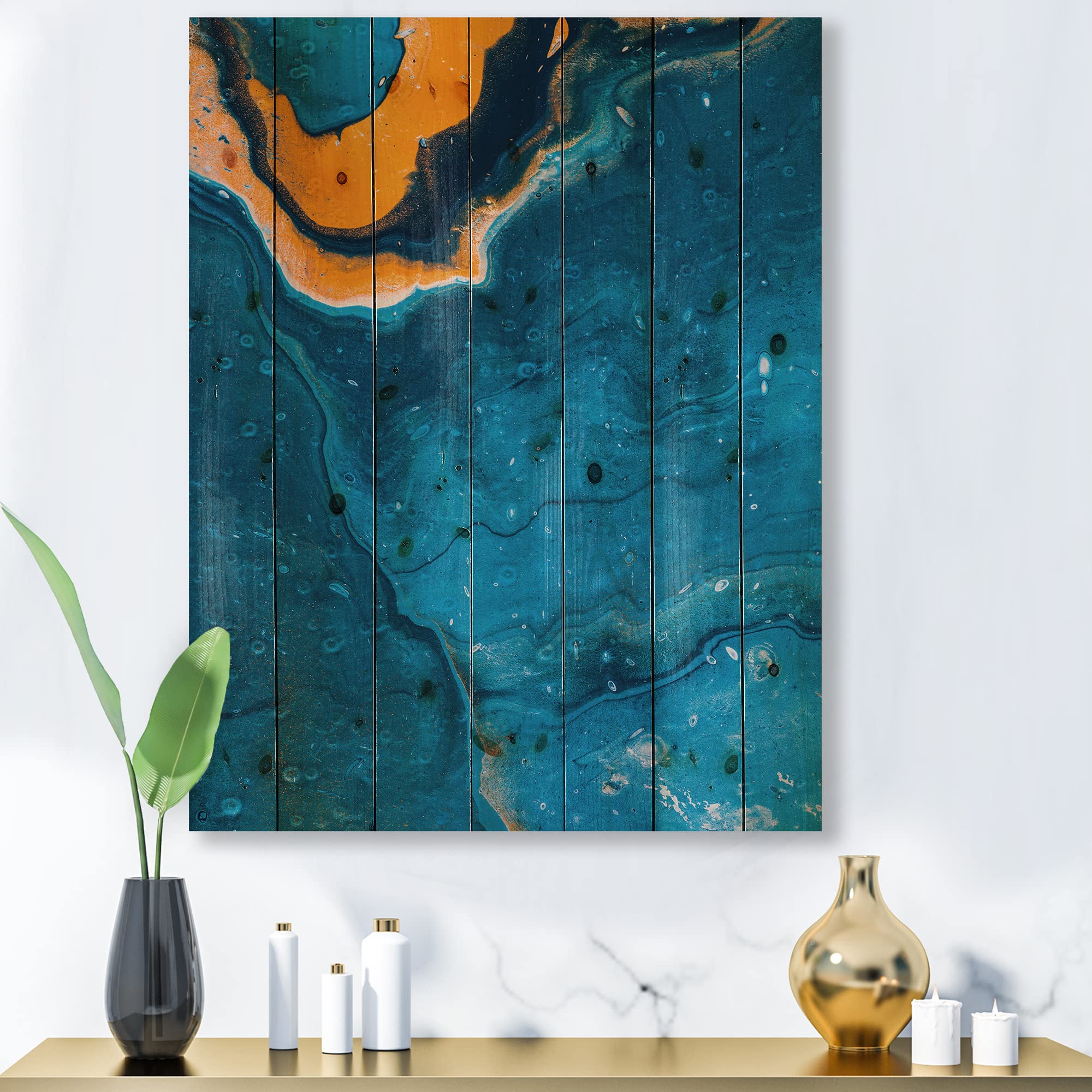 Abstract Marble Wood Wall Art - Blue & Orange Modern Decor for Living Room
