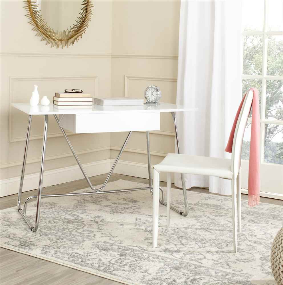 Safavieh Malloy Mid-Century Modern White & Chrome Writing Desk - Stylish Home Office Furniture for Work & Study