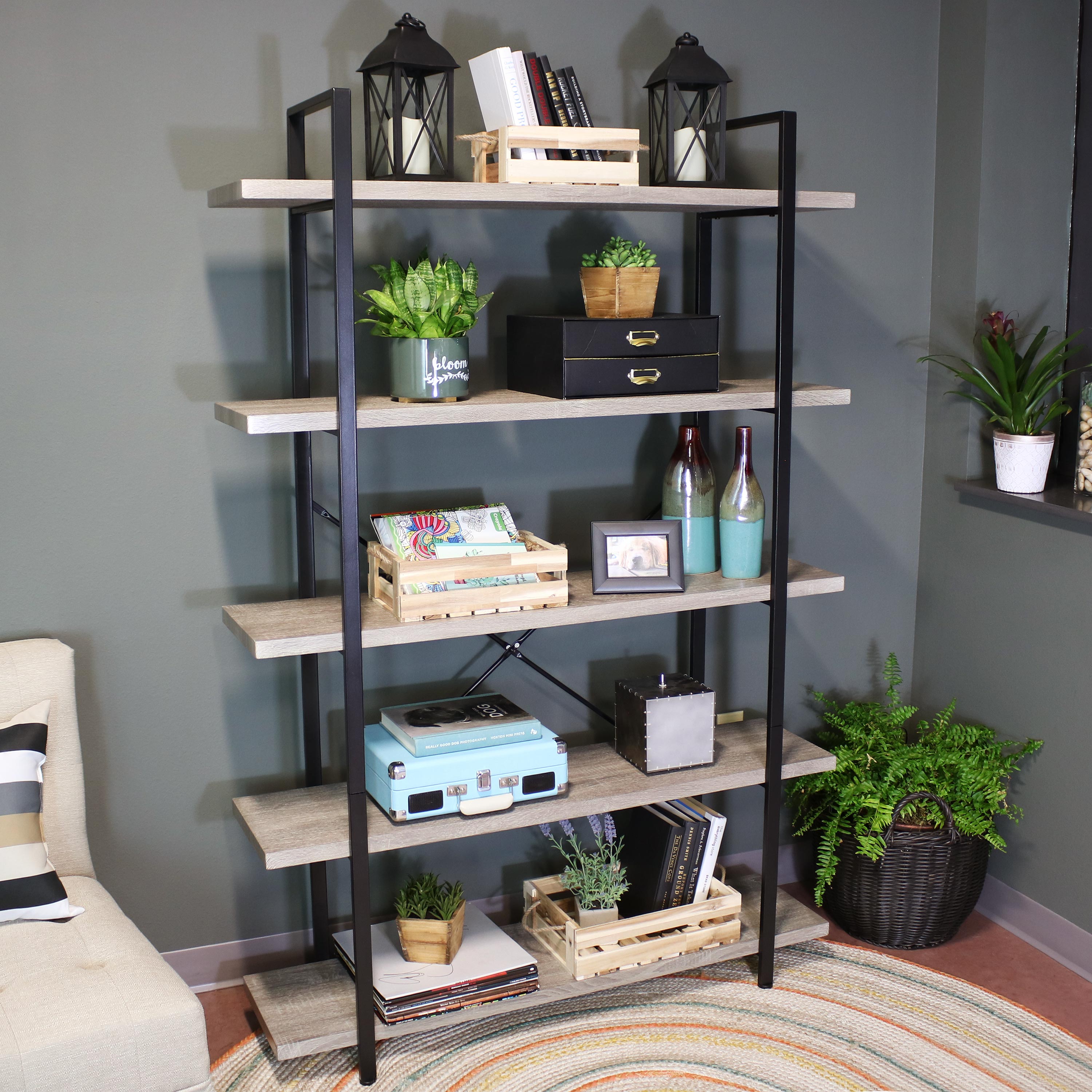 5-Tier Industrial Bookshelf - Open Metal Shelving Unit for Home & Office Storage - Perfect for Living Room, Bedroom, Garage & Workspace Organization