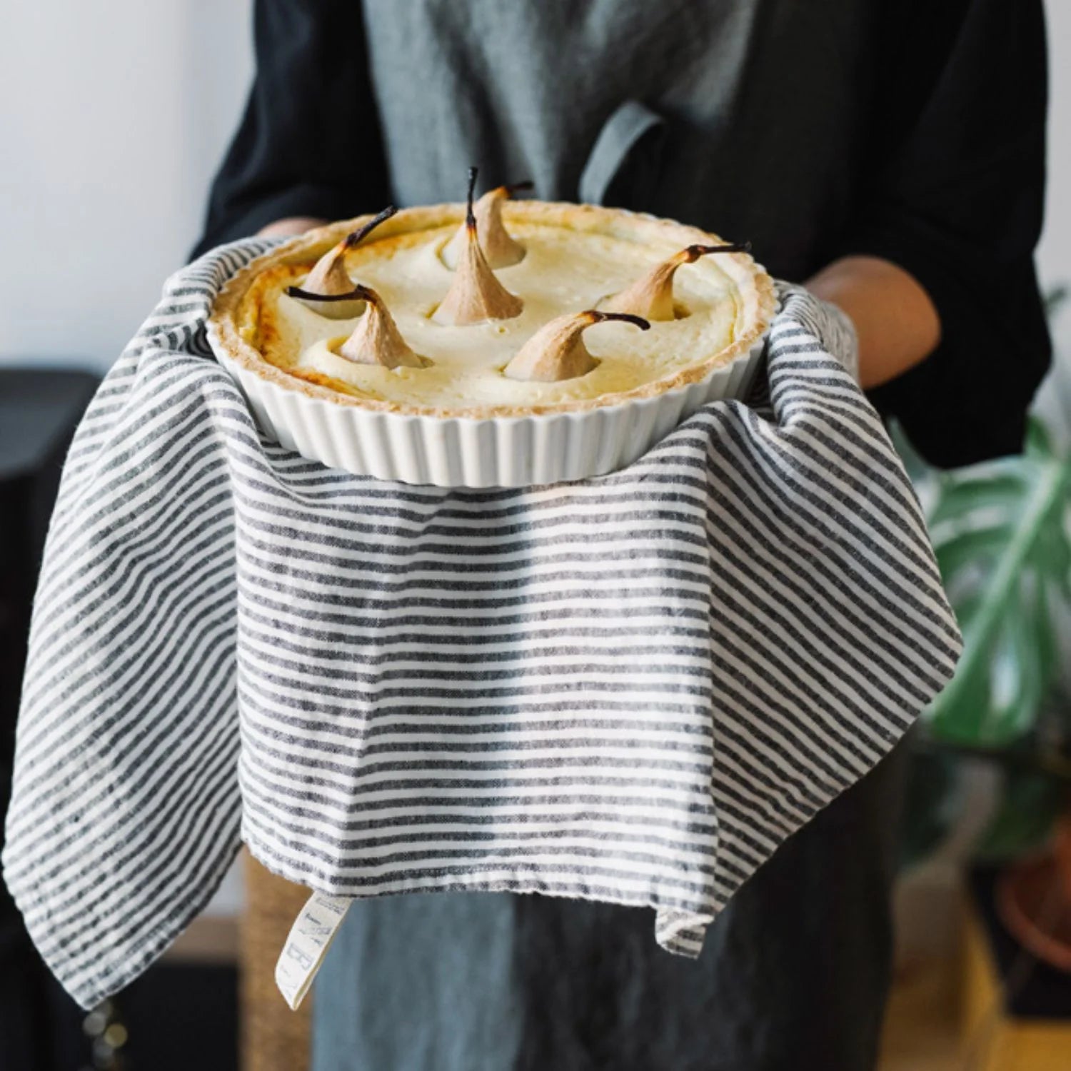 Premium 100% Linen Tea Towel with Thin Black Stripes - Soft, Absorbent & Durable Kitchen Towel for Dish Drying, Hand Wiping & Decor