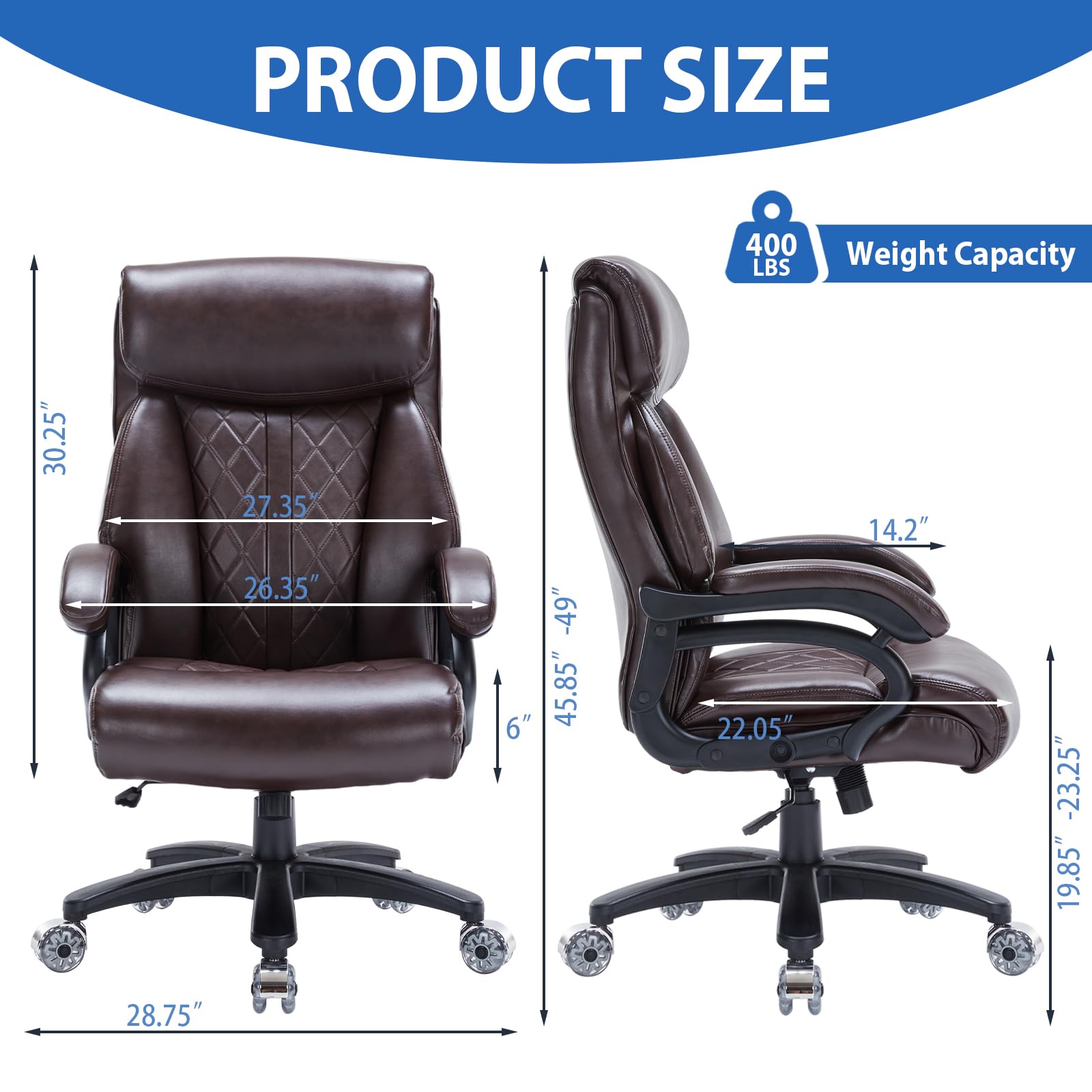 Premium Executive Office Chair - Extra Wide Headrest, PU Leather Large Seat, Recline Function & Heavy Duty Base - 400lbs Weight Capacity - Ergonomic Desk Chair for Home Office, Conference Room or Executive Suite (Brown)