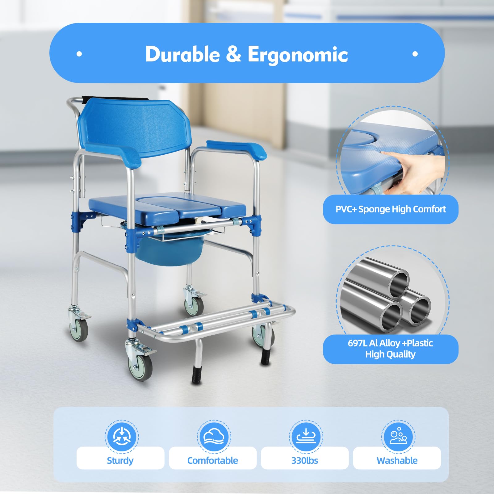 Portable Aluminum Wheelchair Shower Commode Chair with Casters - Lightweight Medical Mobility Aid for Elderly & Disabled - Ideal for Bathroom Safety, Home Care & Assisted Living Facilities