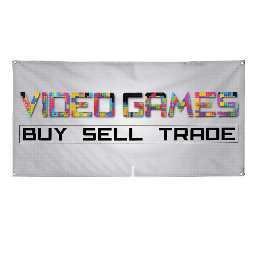 Durable 24x36 Inches Vinyl Banner with 4 Grommets - Weatherproof Outdoor Business Sign for Video Game Trade, Buy & Sell - Perfect for Yard Sales, Retail Stores & Industrial Use