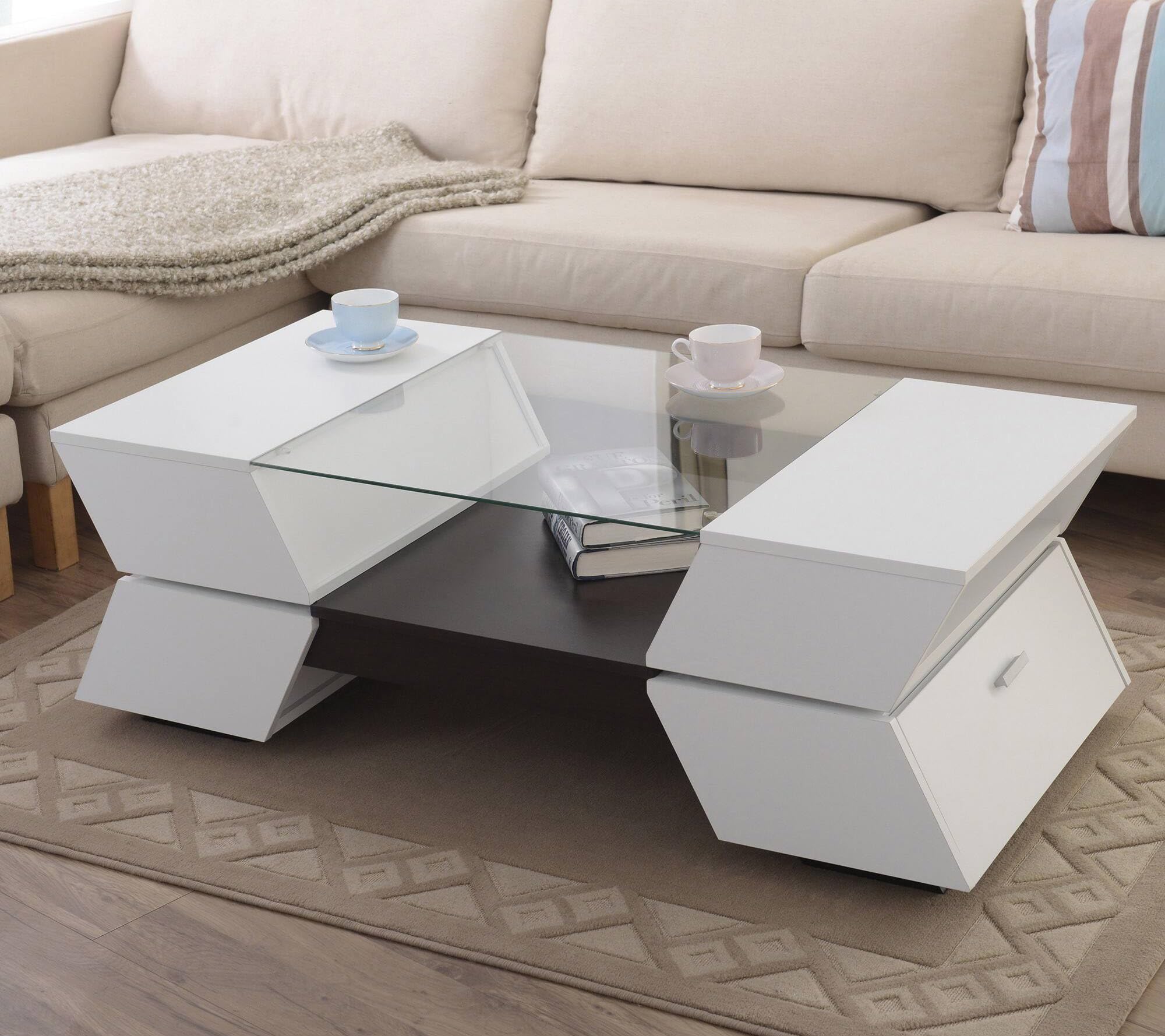 Addison Contemporary White Wood Storage Coffee Table - Modern Living Room Furniture for Small Spaces, Home Decor & Organization