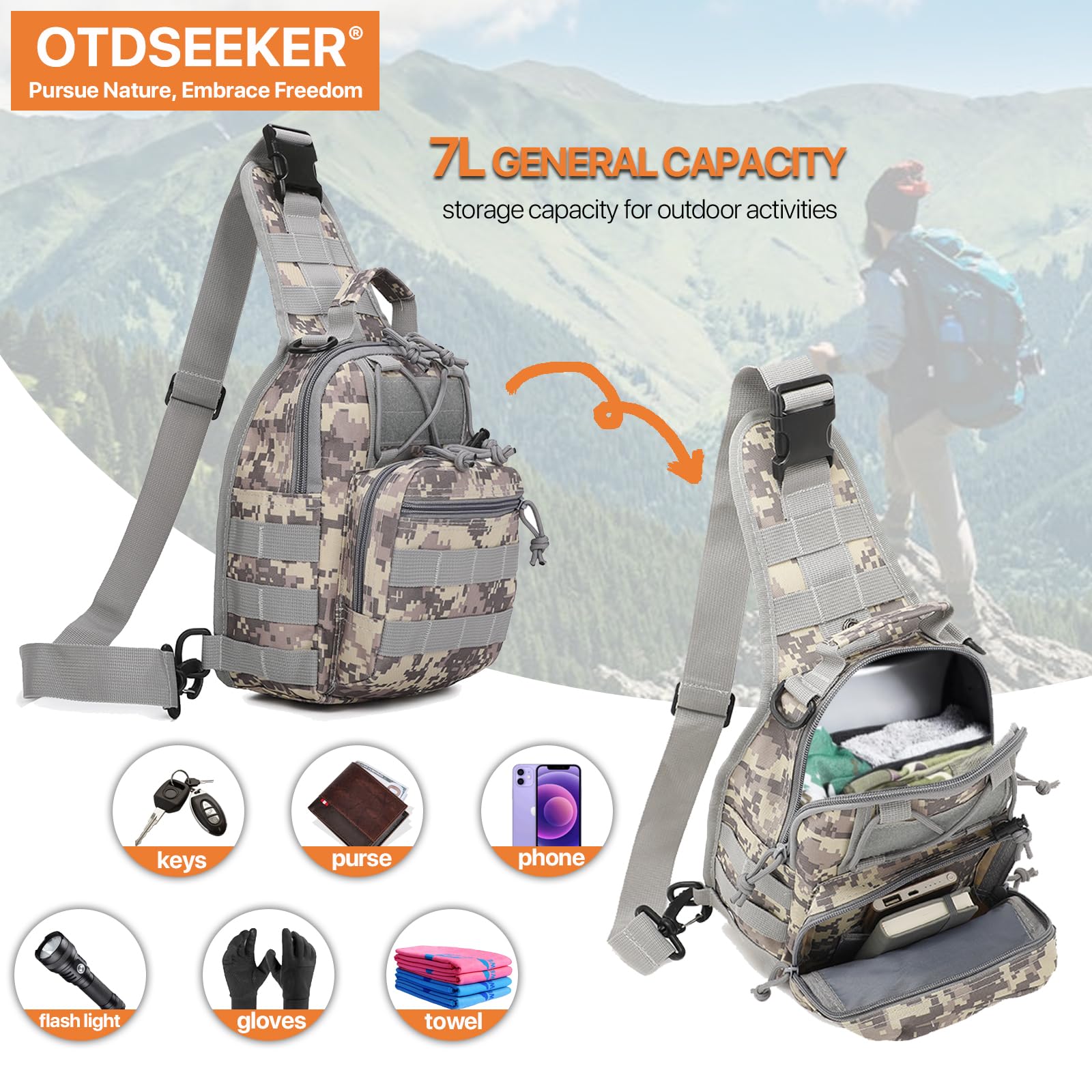 Tactical Sling Bag for Men - Small Crossbody Chest Bag with Adjustable Strap - EDC Shoulder Pack for Outdoor, Hiking, Travel & Everyday Carry (ACU Camo)