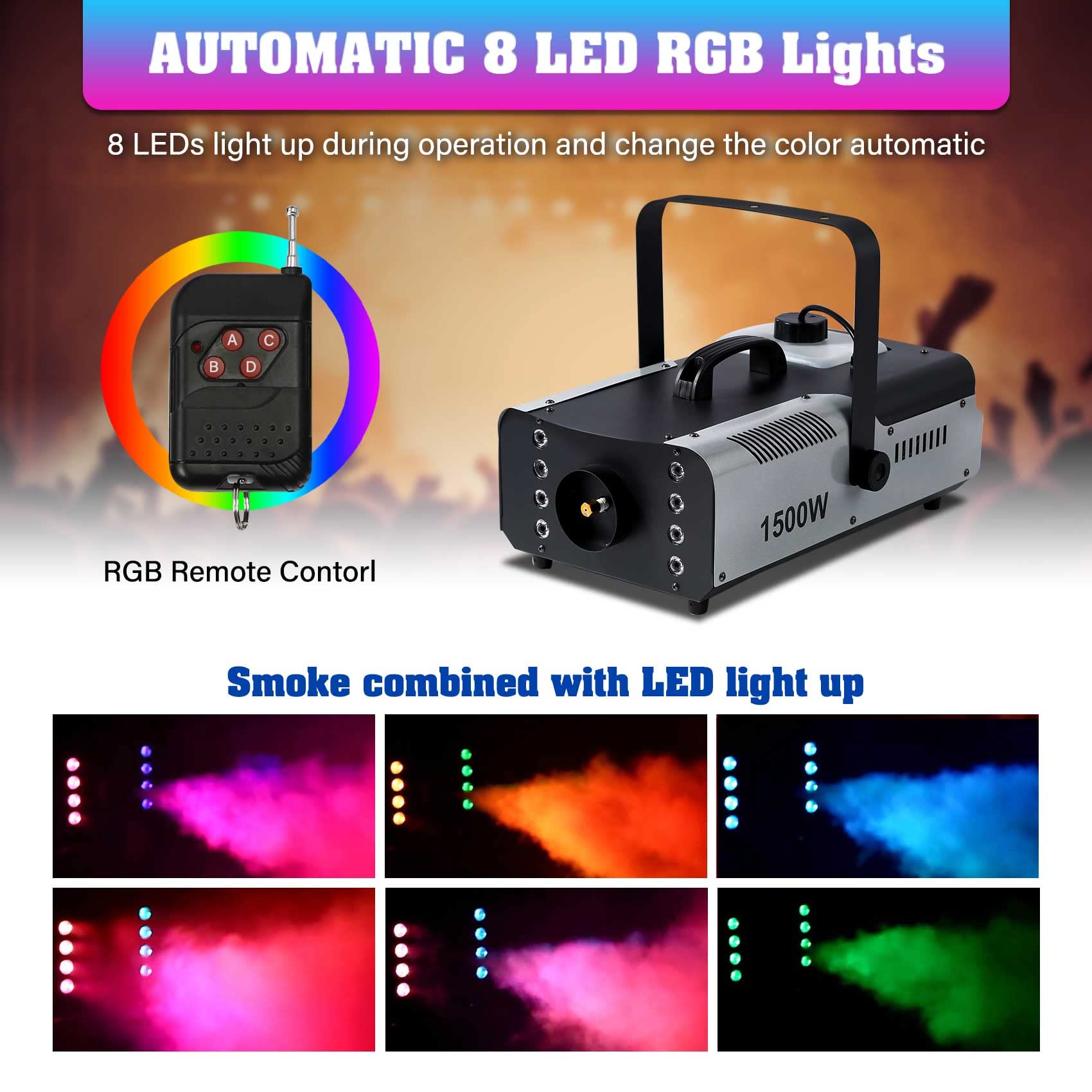1500W TCFUNDY Fog Machine with RGB 8 LED Lights & Remote Control - Perfect for DJ Shows, Halloween Parties, Wedding Events, and Stage Performances