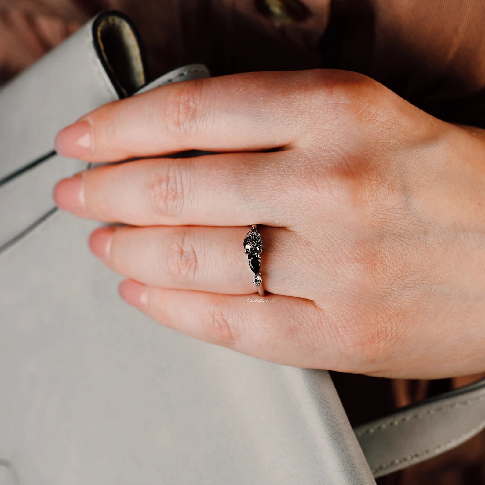 Natural Rutilated Quartz & Black Onyx Sterling Silver Ring for Women - Elegant Healing Crystal Jewelry for Meditation, Energy Balancing & Everyday Wear