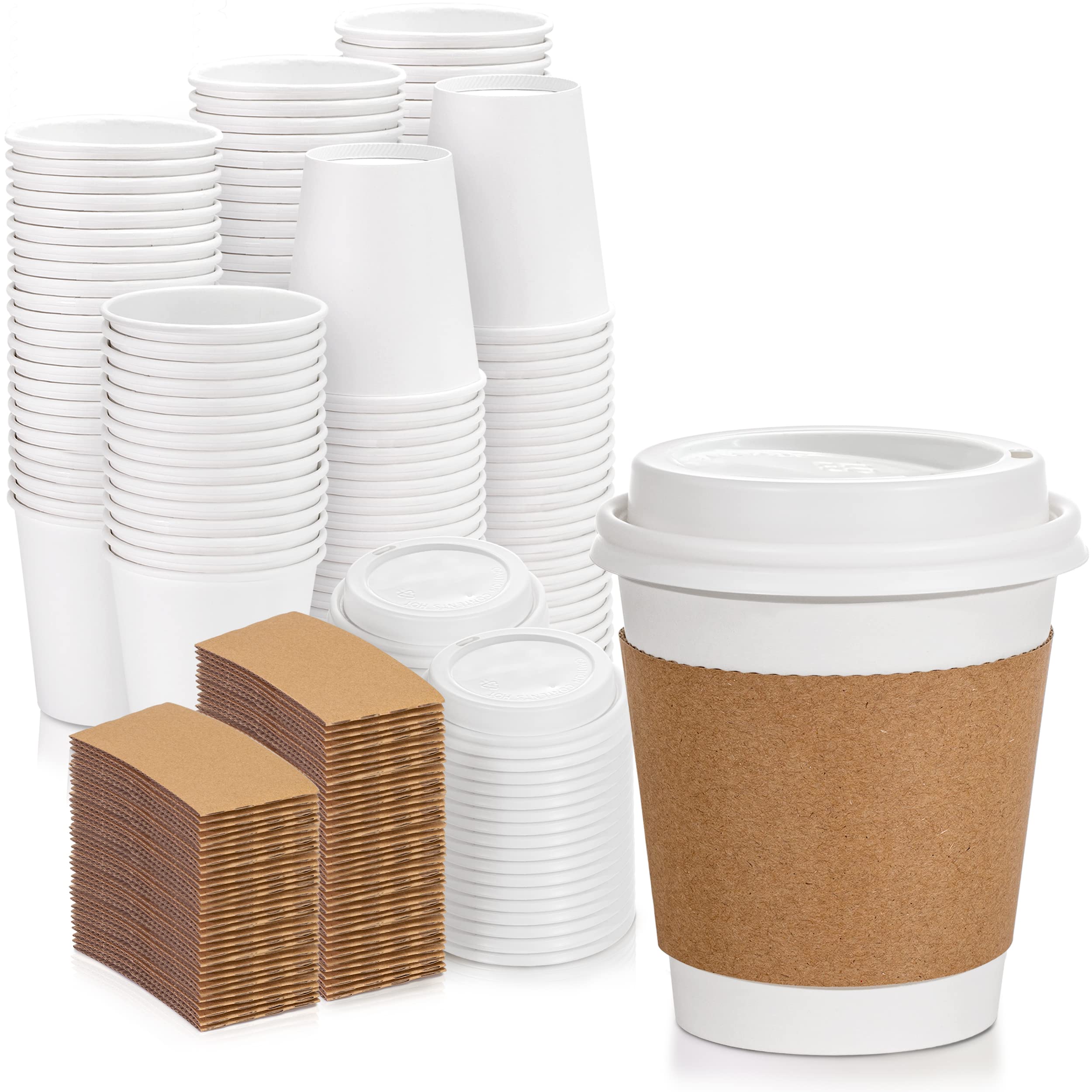 Premium 10 oz Disposable Paper Coffee Cups with Lids & Kraft Sleeves - 500 Pack Fit Meal Prep Hot Drink Cups for Coffee, Tea, Cocoa, Chocolate - Ideal for Parties, Office, Cafes & Takeout