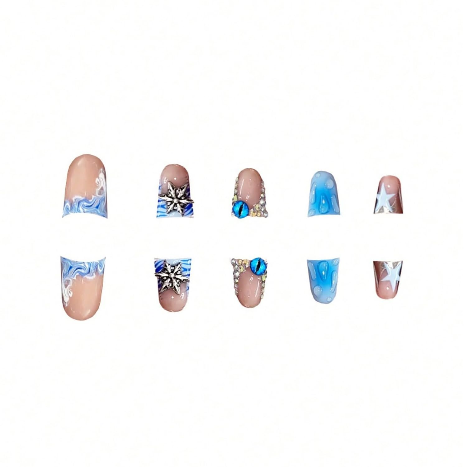 Blue Ocean Theme Duck Nail Tips - 24 Pcs Short French Tip Press on Fake Nails with 3D Devil Eyes & Rhinestone Charms | Full Cover Acrylic Nails for Women | Perfect for Parties, Weddings & Nail Art Decor