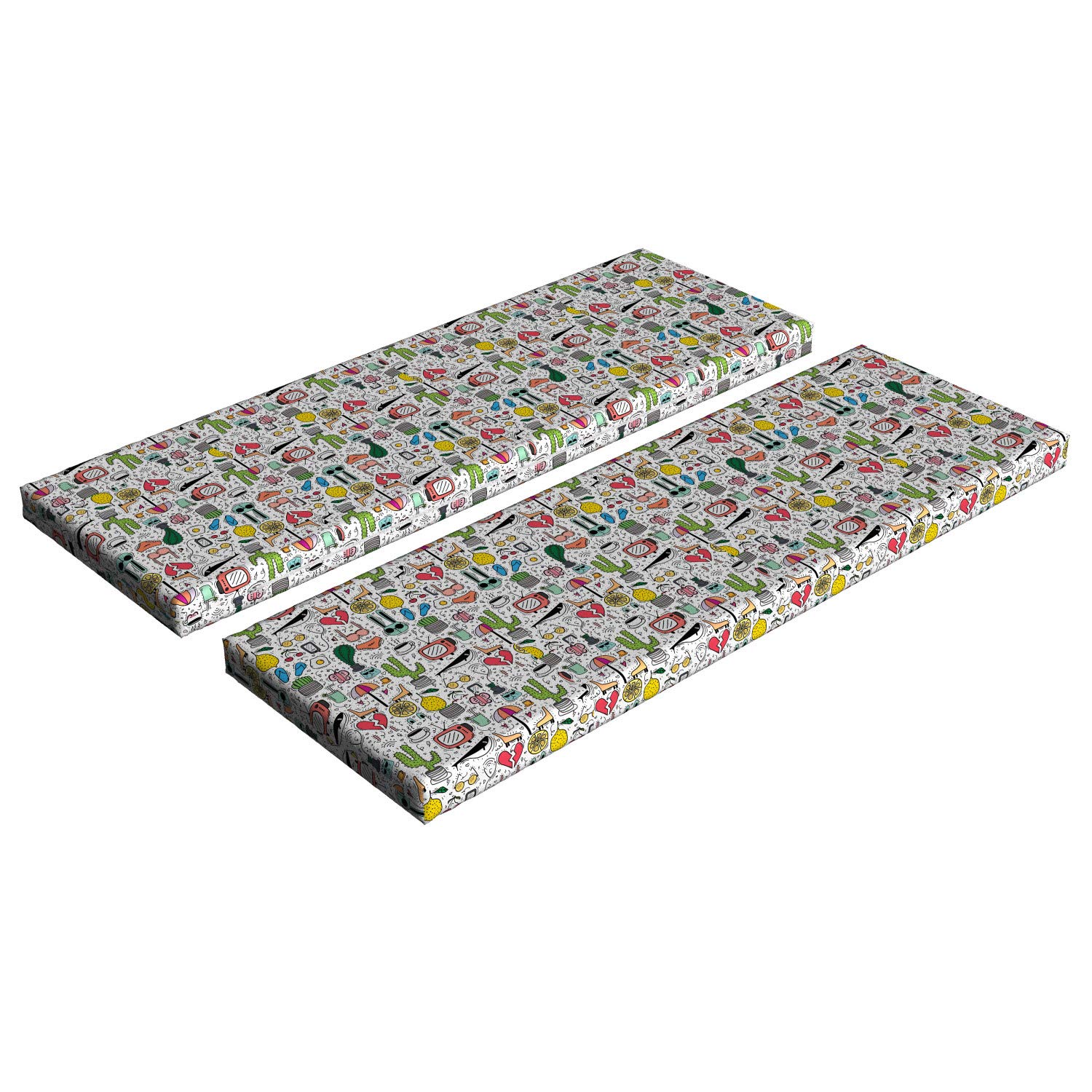 Ambesonne 2-Piece Cartoon Bench Cushion Set - Colorful Chaotic Design with Fruits, Cactus, Bunny, TV & More - Standard Size Foam Seat Pads with Decorative Covers - Perfect for Indoor Benches, Window Seats & Porch Decor