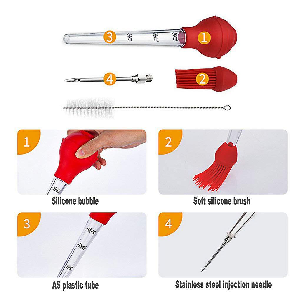 Premium Turkey Baster Set of 4 - Commercial-Grade FDA Silicone Bulbs with Marinating Needles, BBQ Brushes & Cleaning Brushes - Dishwasher Safe & Reusable for Thanksgiving, Grilling & Kitchen Prep
