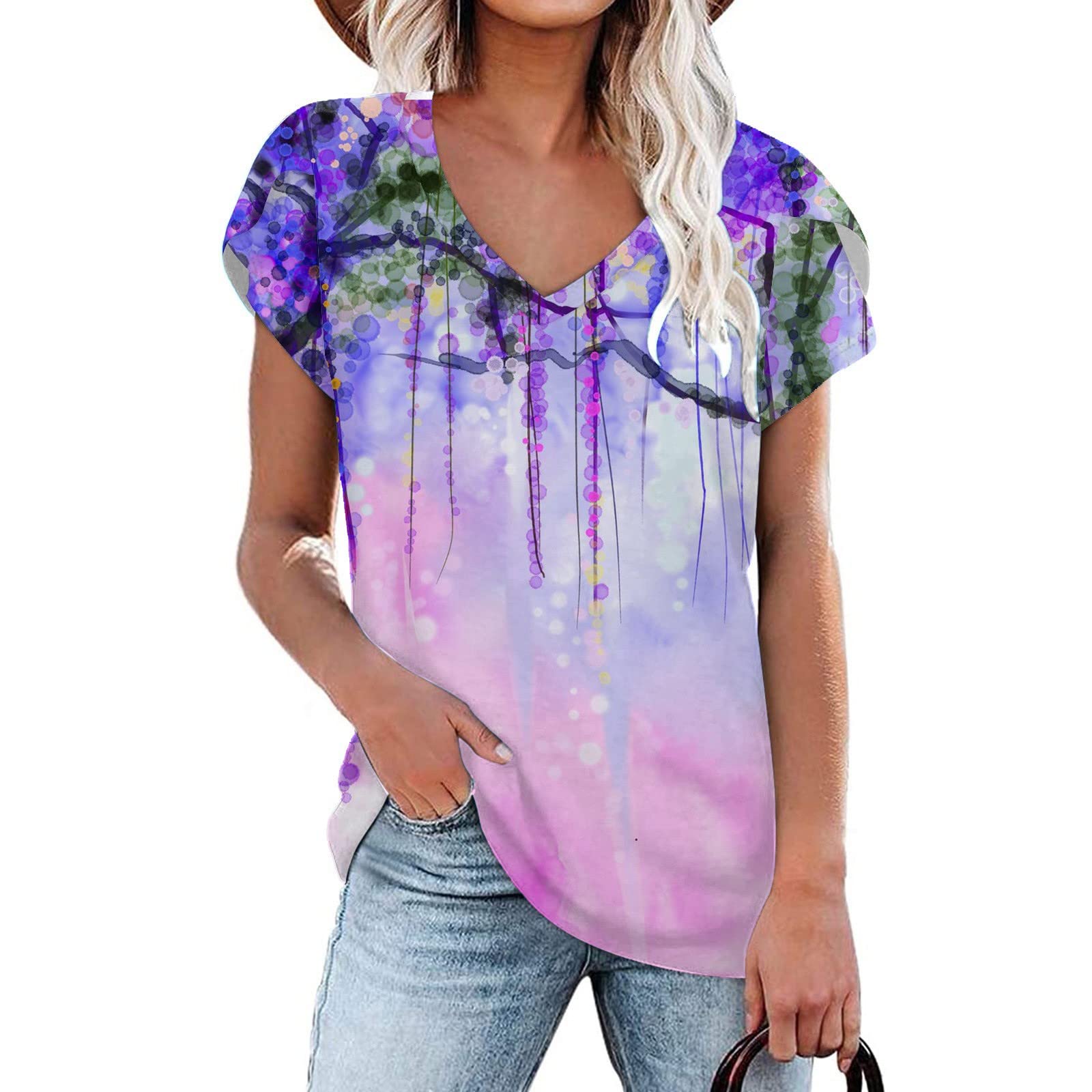 Women's Floral Print V-Neck Casual T-Shirt - Large & Small Sizes, Short Sleeve Summer Blouse for Everyday Wear, Outings & Beach Days