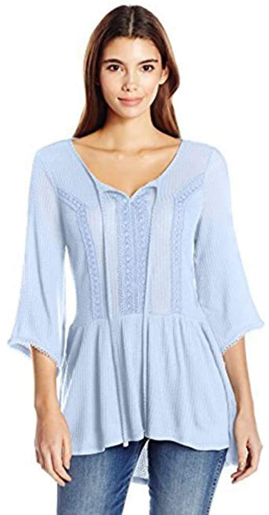 OneWorld Women's Petite Bell Sleeve Waffle Knit Tunic Top with Lace Trim - Soft Stretch Casual Blouse for Work, Date Night & Fall Layering