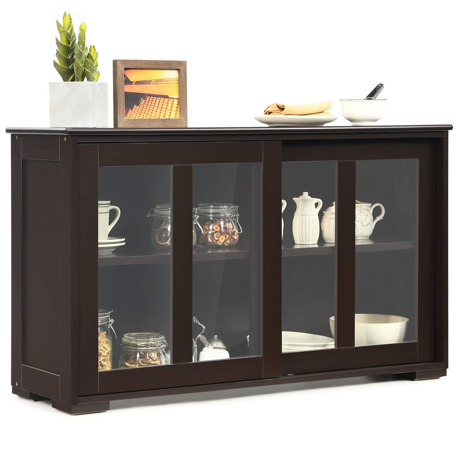 Costzon Wooden Sideboard Buffet Cabinet with Adjustable Shelf & Sliding Glass Doors - Kitchen Storage Cabinet, Coffee Bar Console Table for Living Room, Dining Room, Hallway - Perfect for Home Decor & Entertaining Guests