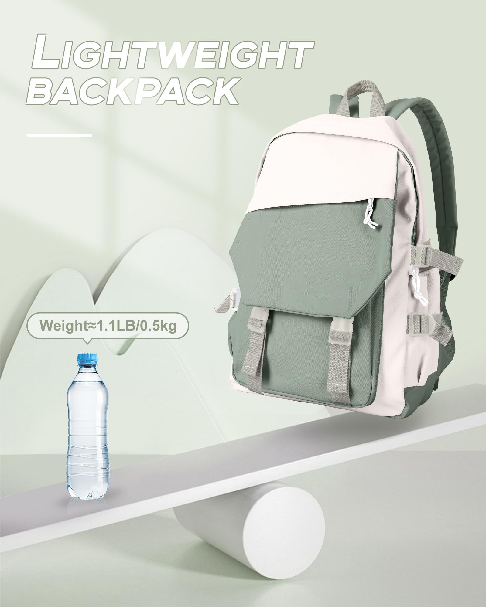Stylish Lightweight Small Backpack for Women & Men - Aesthetic College Backpack, Travel Daypack, Hiking Backpack - Casual Preppy Design (Grey Green) - Perfect for School, Work, Outdoor Adventures & Daily Commute