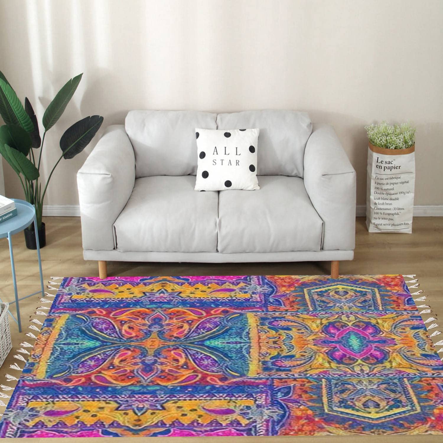 Bohemian Cotton Linen Area Rug with Tassels - Vintage Paisley Pattern Washable Runner Mat for Kitchen, Bathroom, Outdoor Decor | Boho Chic Home Accent Rug for Living Room, Bedroom & Patio