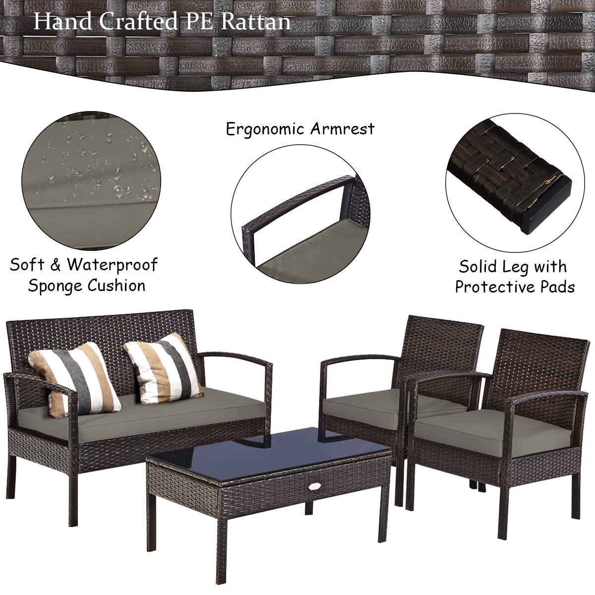 HappyGrill 4-Piece Outdoor Patio Furniture Set - Rattan Wicker Loveseat Sofa with Cushions & Glass Top Coffee Table - Perfect for Garden, Poolside, Lawn, and Backyard Relaxation