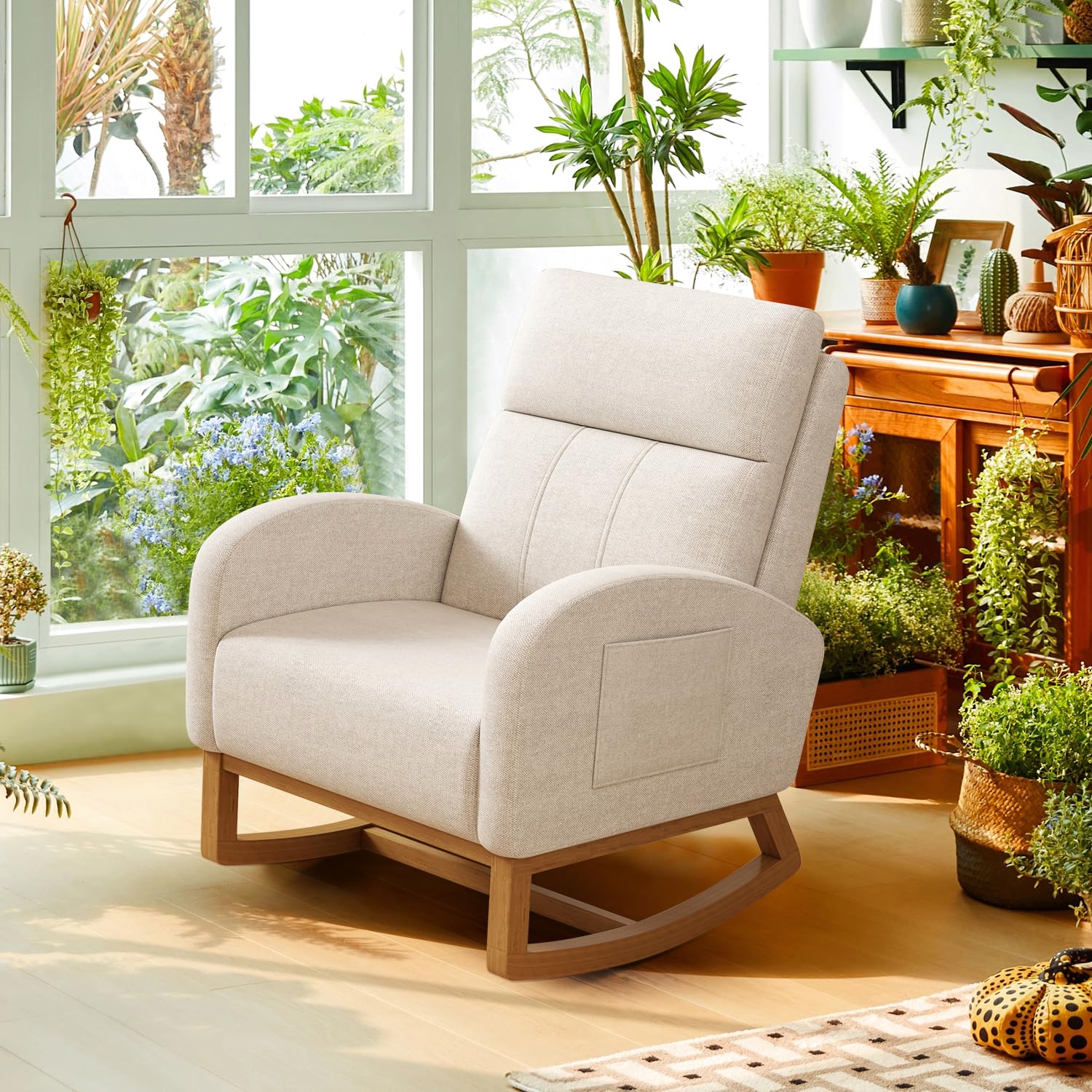 Comfy Upholstered Glider Rocking Chair with High Backrest & Side Pocket - Nursery Rocker, Bedroom Accent Chair & Living Room Armchair - Perfect for Breastfeeding, Reading & Relaxing (Cream)