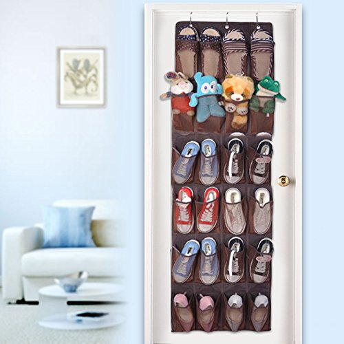 Over The Door Shoe Organizer - 24 Pocket Hanging Storage Rack for Shoes, Toiletries & Laundry with 4 Sturdy Steel Hooks | Fits Most Doors | Space Saving Closet & Bathroom Organization (Coffee)