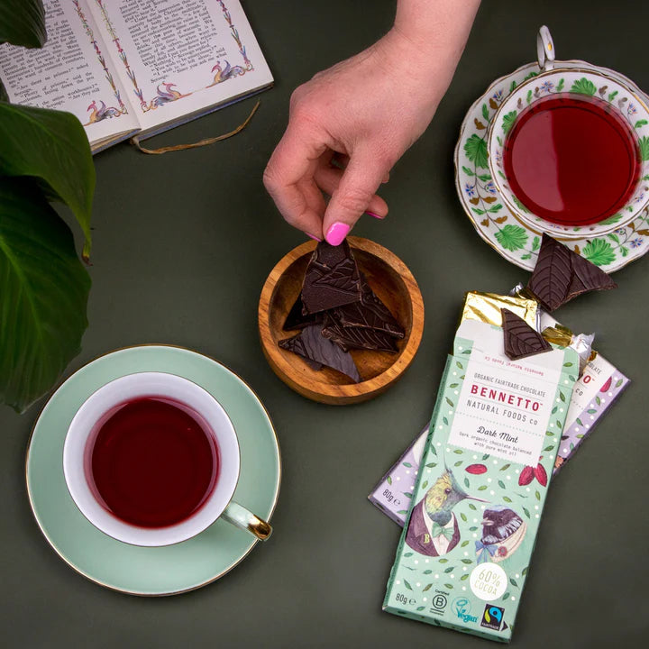 Bennetto Organic Dark Chocolate Bar 80g with Mint & Cocoa Nibs - Vegan, Fair Trade, Gluten-Free Snack for Gifts, Desserts & Healthy Treats
