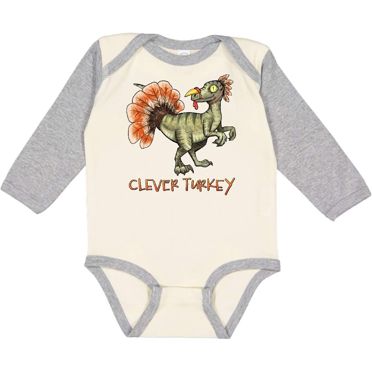 Inktastic Clever Turkey Thanksgiving Dinosaur Long Sleeve Baby Bodysuit - Perfect for Holiday Photos, Family Gatherings & Festive Outfits