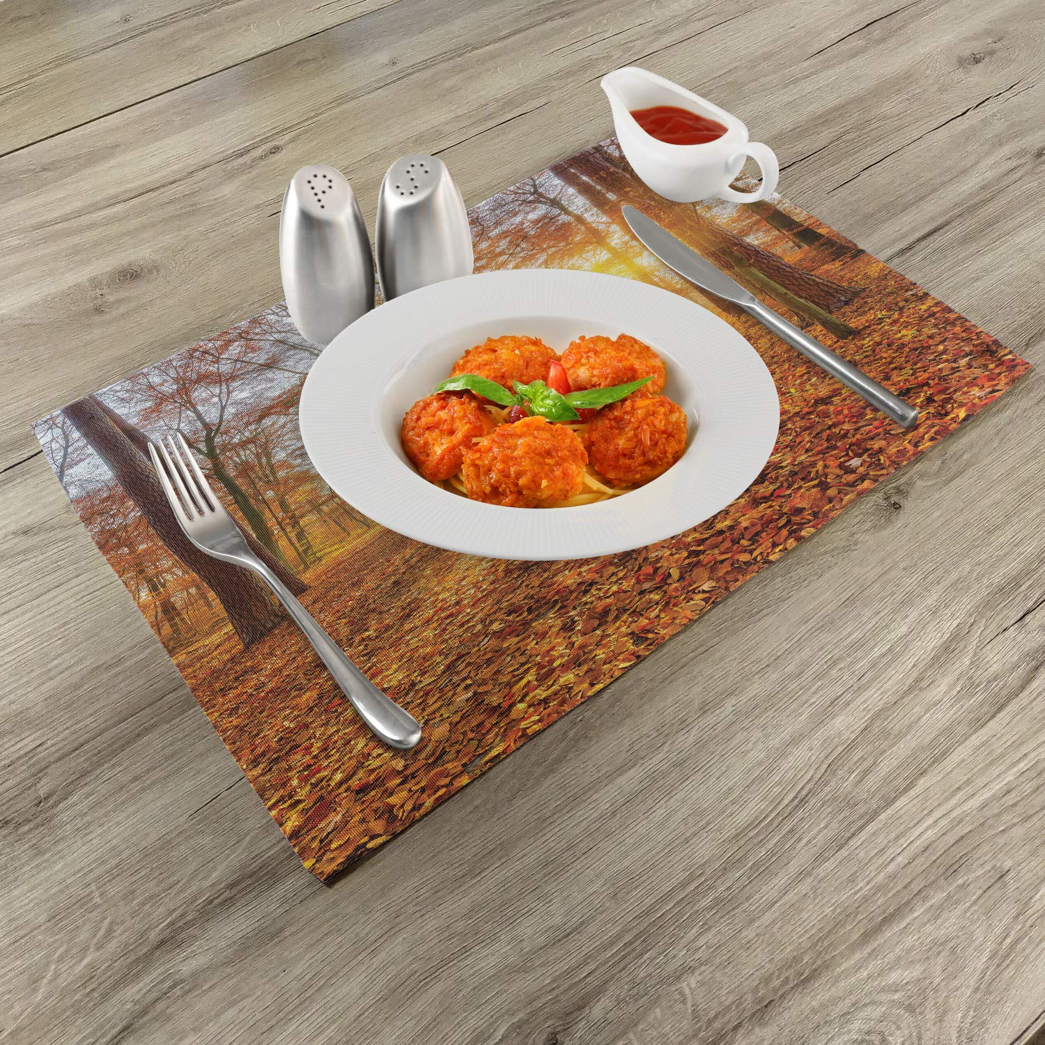 Ambesonne 4-Pack Forest Placemats - Waterproof Washable Fabric Table Mats with Foggy Sunset Woodland Design for Dining Room & Kitchen Decor (Orange, Brown, Yellow) | Perfect for Fall Tablescapes, Thanksgiving Dinner, and Rustic Home Decor