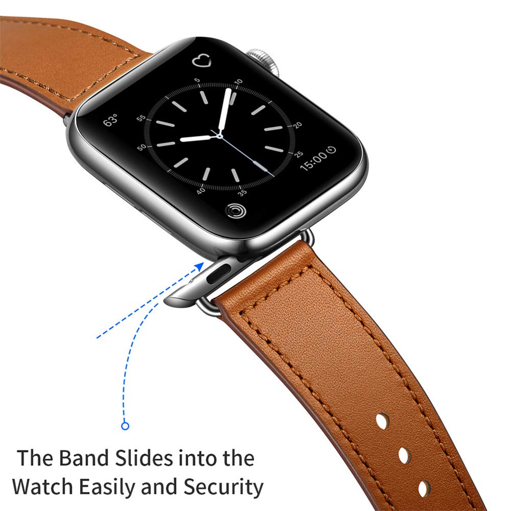 KYISGOS Genuine Leather Apple Watch Band - Compatible with iWatch Series 10/9/8/7/6/5/4/3/2/1 & SE (42mm 41mm 40mm 38mm) - Brown/Silver Strap - Perfect for Workouts, Office & Everyday Wear