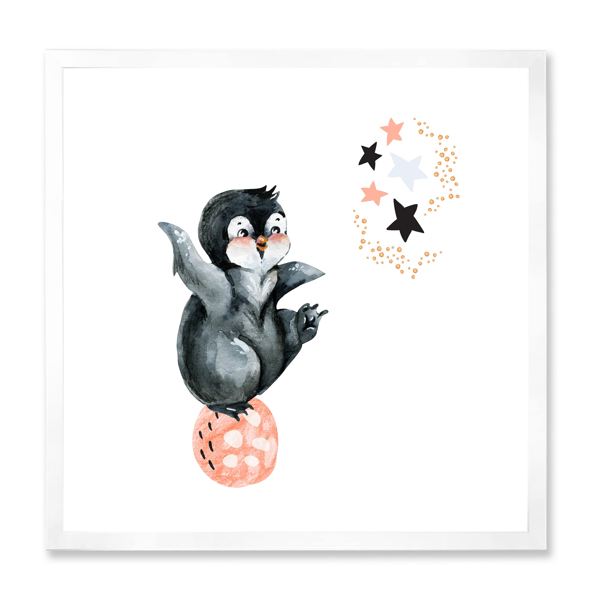 DesignQ Little Penguin With Stars and Planets II Farmhouse Framed Wall Art - Cute Nursery Decor, Kids Room Wall Art, Living Room Decor for Home & Office