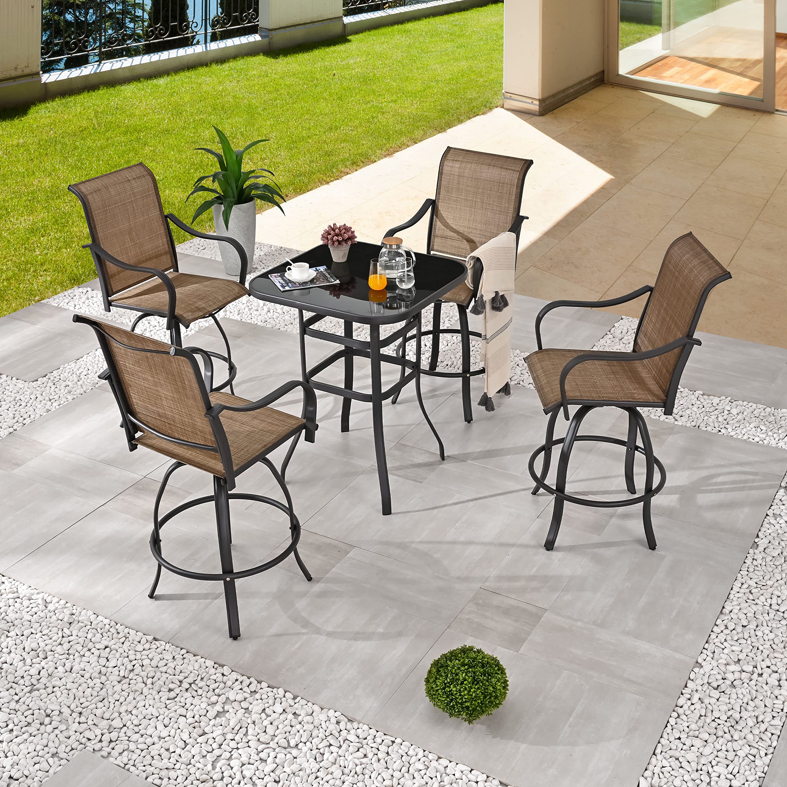 LOKATSE HOME 5-Piece Outdoor Patio Dining Set with Swivel Chairs & Tempered Glass Square Table - Modern Bistro Furniture for Poolside, Garden, Cafe, Porch, and Backyard (Khaki)