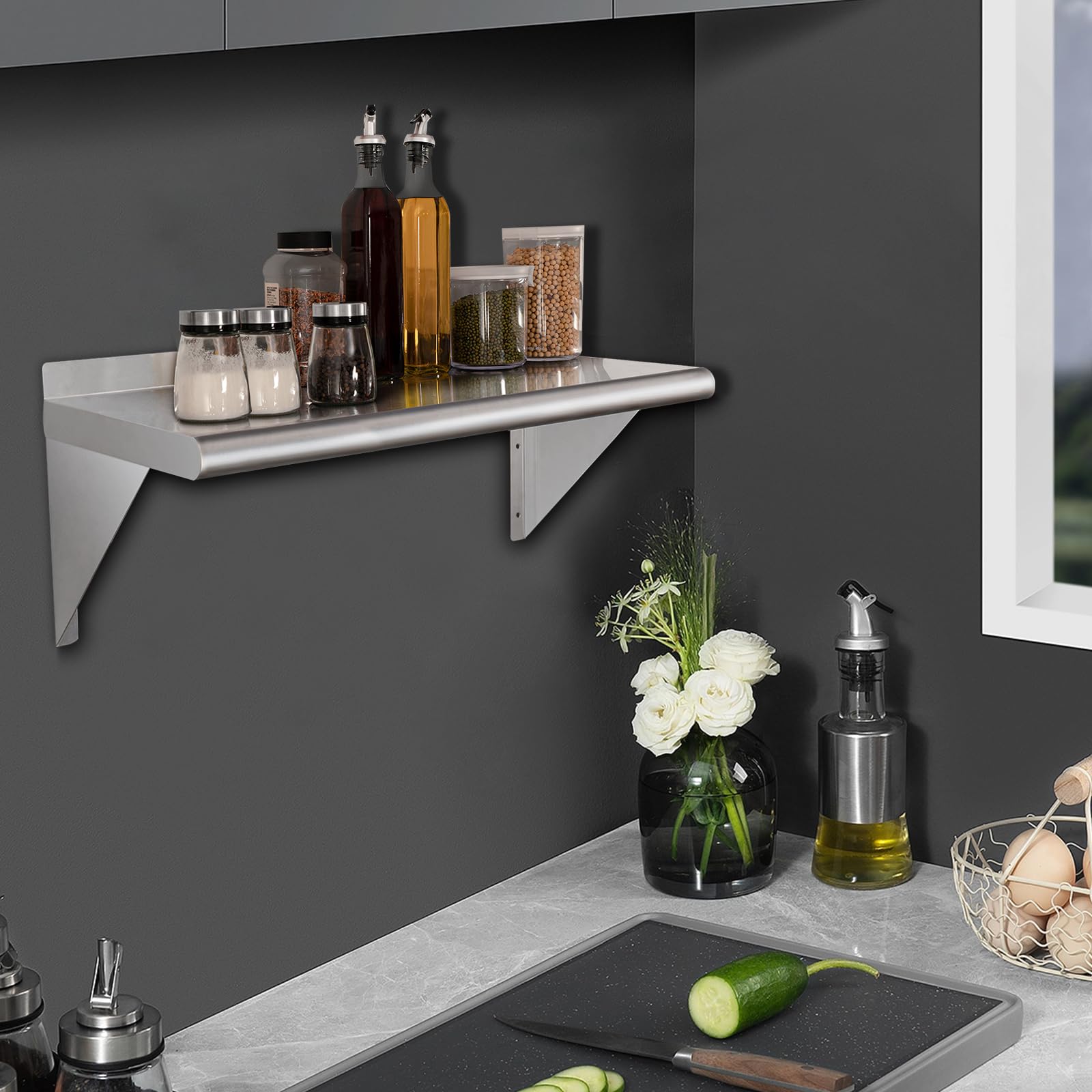 Stainless Steel Shelf 12x36 Inches - Heavy Duty 230lb Capacity Commercial Wall Mount Shelving with Backsplash & Brackets - Perfect for Kitchen, Restaurant, Laundry Room, Garage Storage & Home Organization