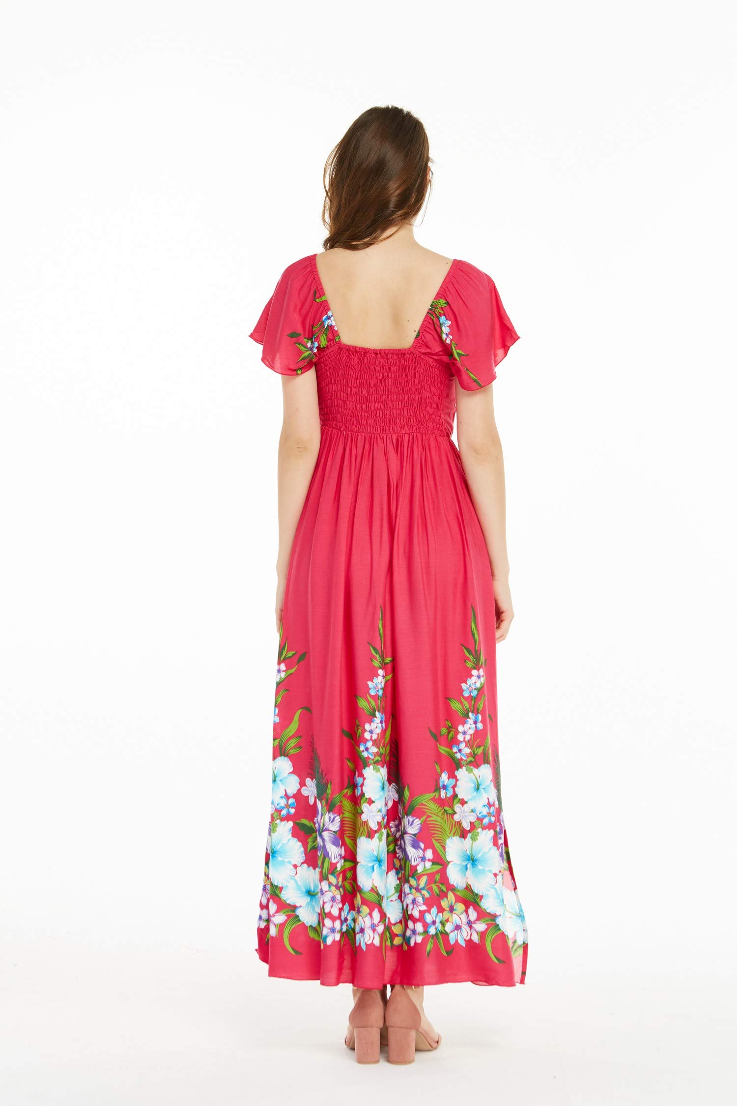 Women's Floral Hawaiian Maxi Dress with Ruffle Sleeves - Tropical Beach Vacation, Summer Party & Boho Chic Outfit