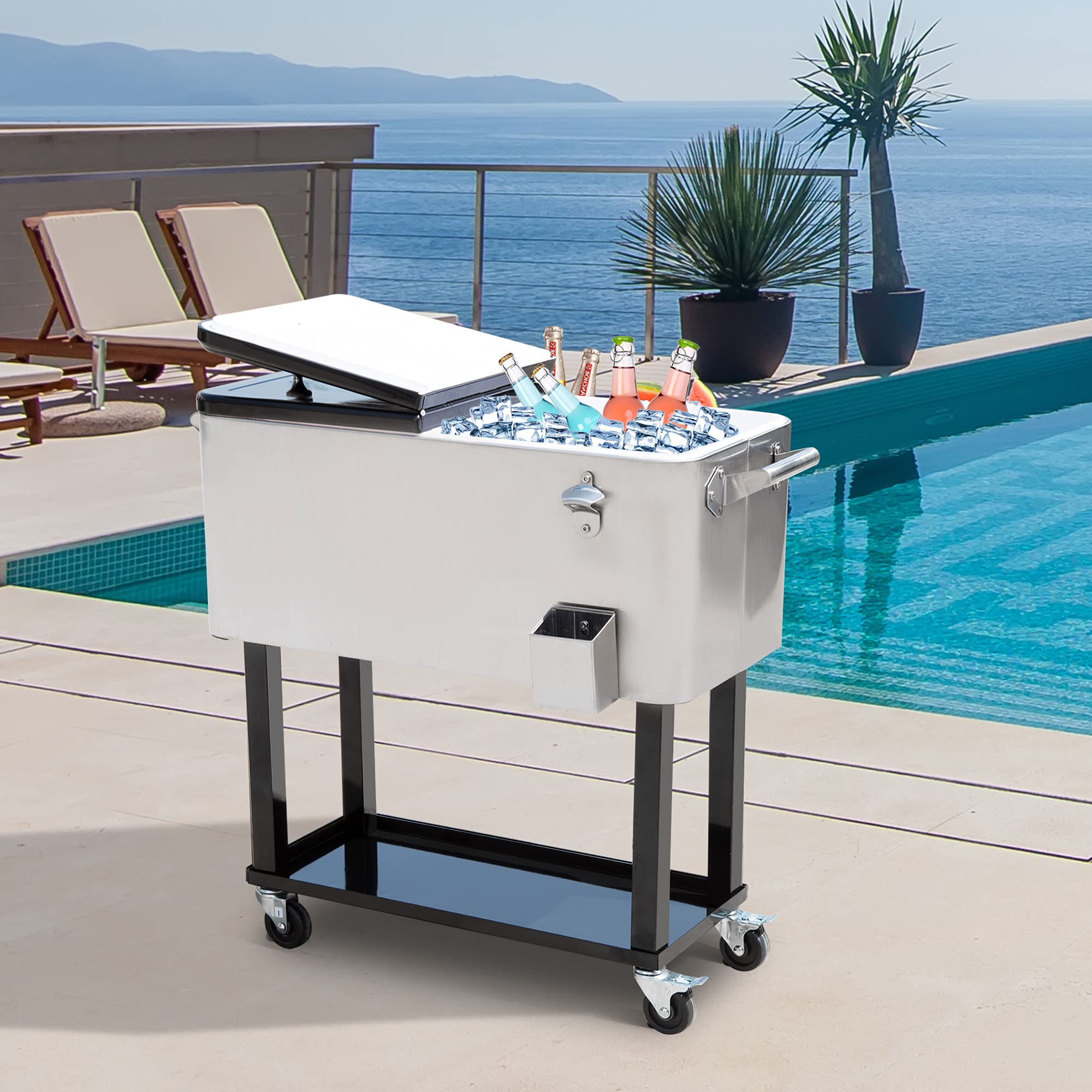 Outsunny 80 QT Rolling Cooler with Wheels - Portable Ice Chest for Outdoor Parties, Camping & Tailgating - Stand-Up Drink Cooler Cart in Silver - Perfect for BBQs, Beach Trips & Picnics