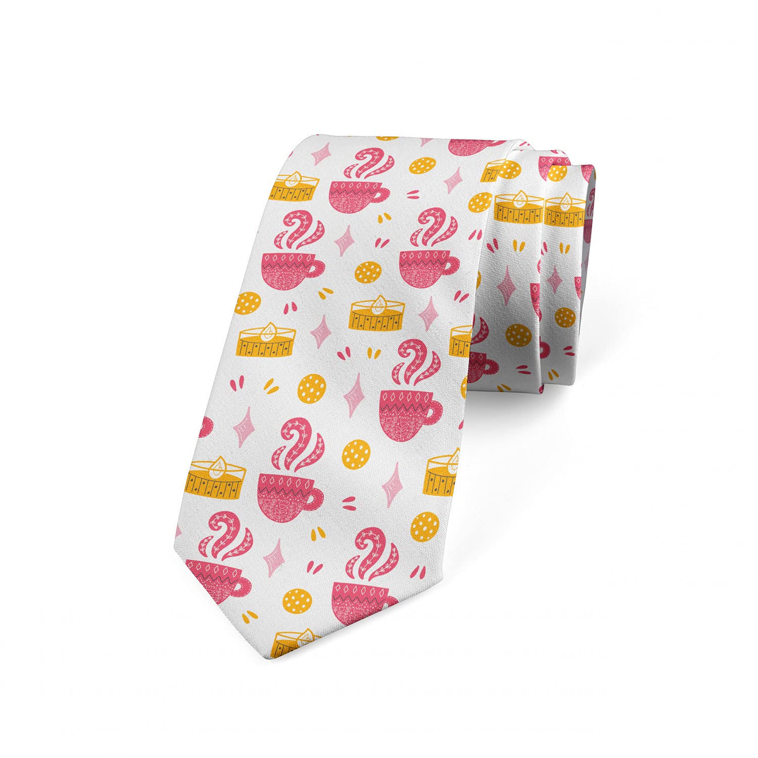 Ambesonne Scandinavian Cozy Cups Print Necktie - 3.7 Inch Hot Pink Marigold Design - Perfect for Office, Weddings & Formal Events