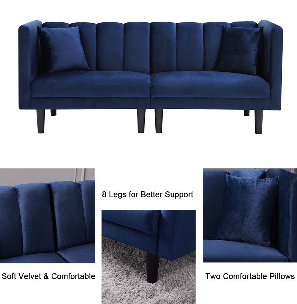 SLEERWAY Velvet Futon Sofa Bed - Modern Convertible Sleeper Sofa with 3 Adjustable Angles & 2 Pillows - Navy Blue Small Loveseat for Living Room, Guest Room & Small Spaces