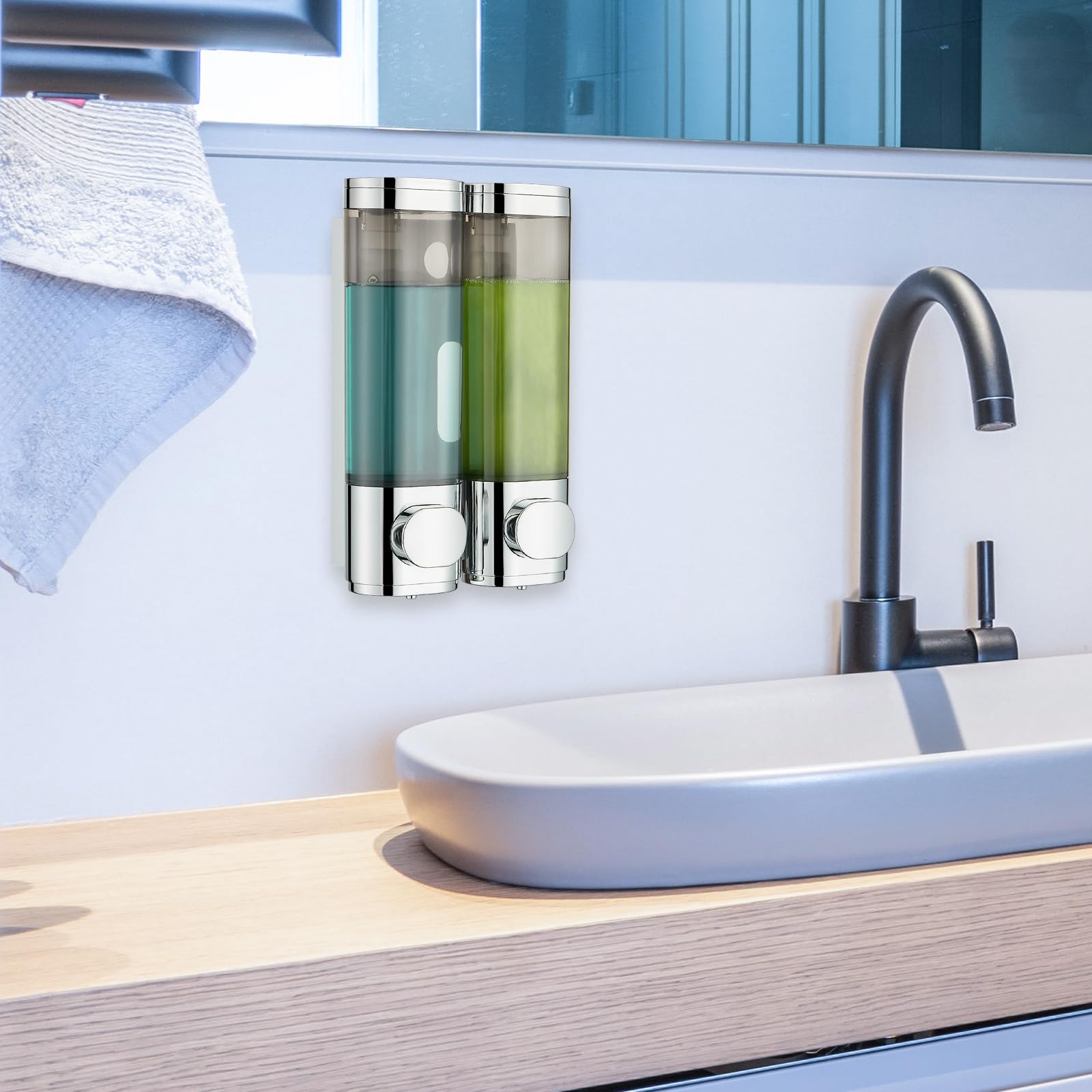 Wall Mounted Shower Shampoo Dispenser - 2 Chamber No Drill Bathroom Organizer for Shampoo, Conditioner & Body Wash - Large Capacity Chrome Finish - Perfect for Spa, Gym & Home Bathroom Storage