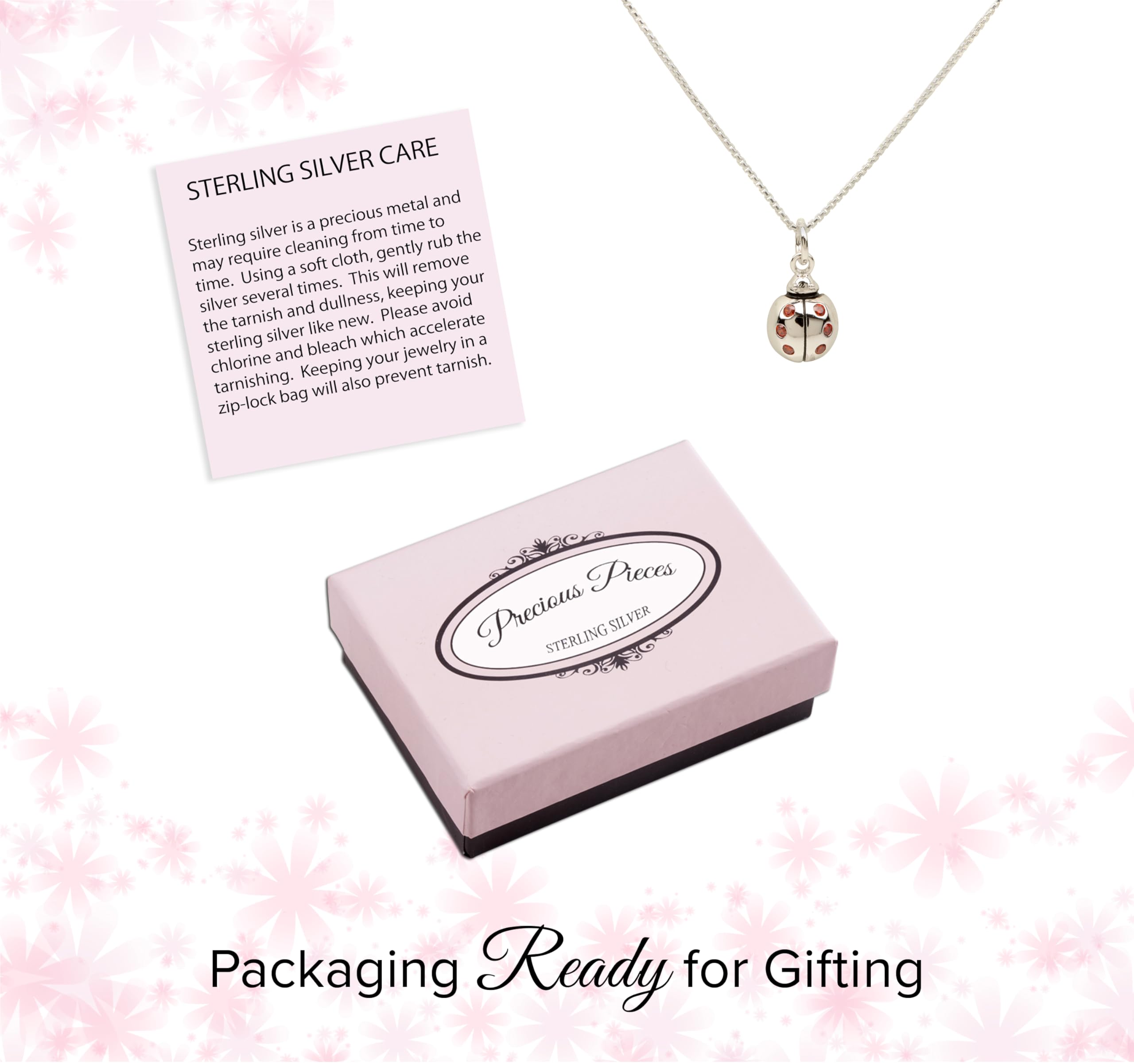 Precious Pieces Kids' Sterling Silver Ladybug Pendant Necklace with Red Cubic Zirconia - 14 Inch Chain - Perfect for Birthdays, First Communion & Special Occasions