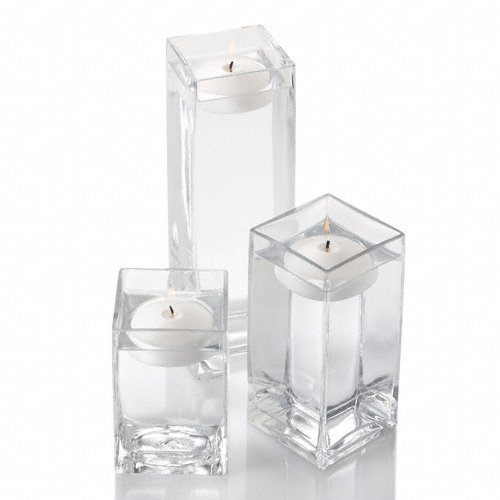 Richland Set of 18 Eastland Square Glass Vases with 18 White Floating Candles (3 Inch) - Perfect for Wedding Centerpieces, Home Decor, and Romantic Dinner Table Settings