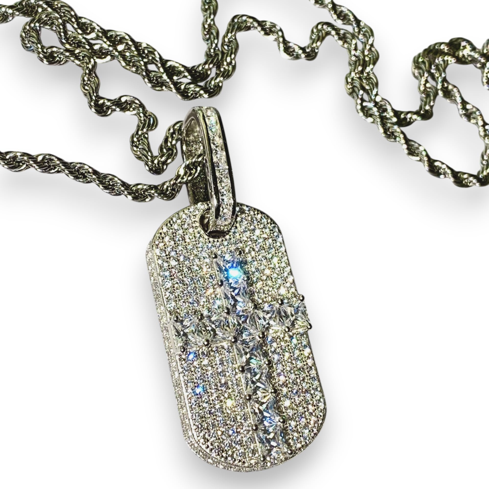925 Sterling Silver Iced Out Dog Tag Pendant Necklace for Men & Women - 2mm Stainless Steel Rope Chain (16