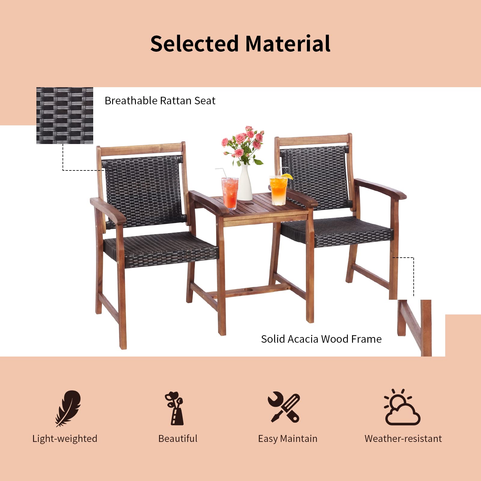 **Tangkula Acacia Wood Garden Bench Set - 2-Seater Patio Loveseat with Rattan Design, Coffee Table & Parasol Hole - Outdoor Conversation Furniture for Backyard, Poolside, Balcony, Deck (Brown) | Perfect for Relaxing, Entertaining & Enjoying Nature**