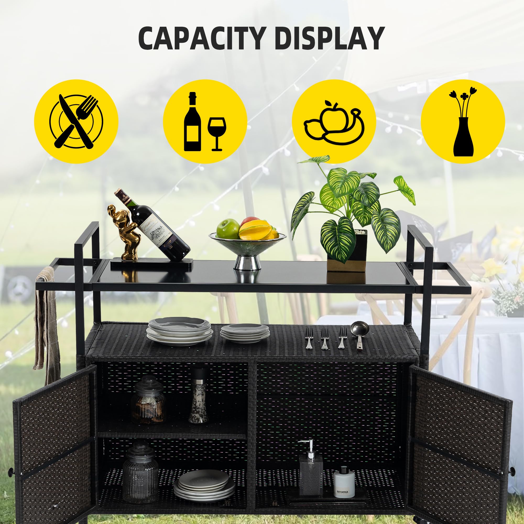 Outdoor Wicker Bar Cart with Glass Top - Rolling Portable Serving Table & Storage Cabinet for Wine, Patio, Porch, Backyard - Perfect for Poolside Parties & Outdoor Entertaining (Black)