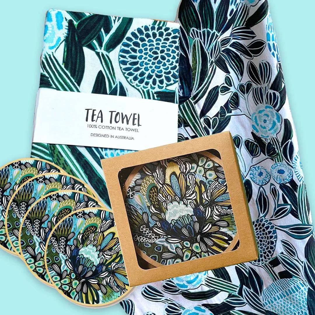 Premium Blue Banksia Tea Towel & Coaster Set - Australian Floral Kitchen Decor - Perfect for Tea Time, Hosting Gifts & Farmhouse Style Kitchens