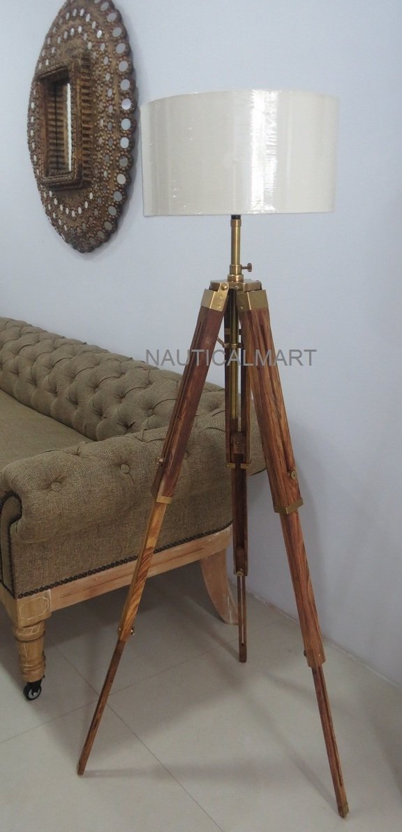 NauticalMart Brass Finish Tripod Floor Lamp Stand - Elegant Living Room Lighting for Home Decor, Reading & Cozy Ambiance
