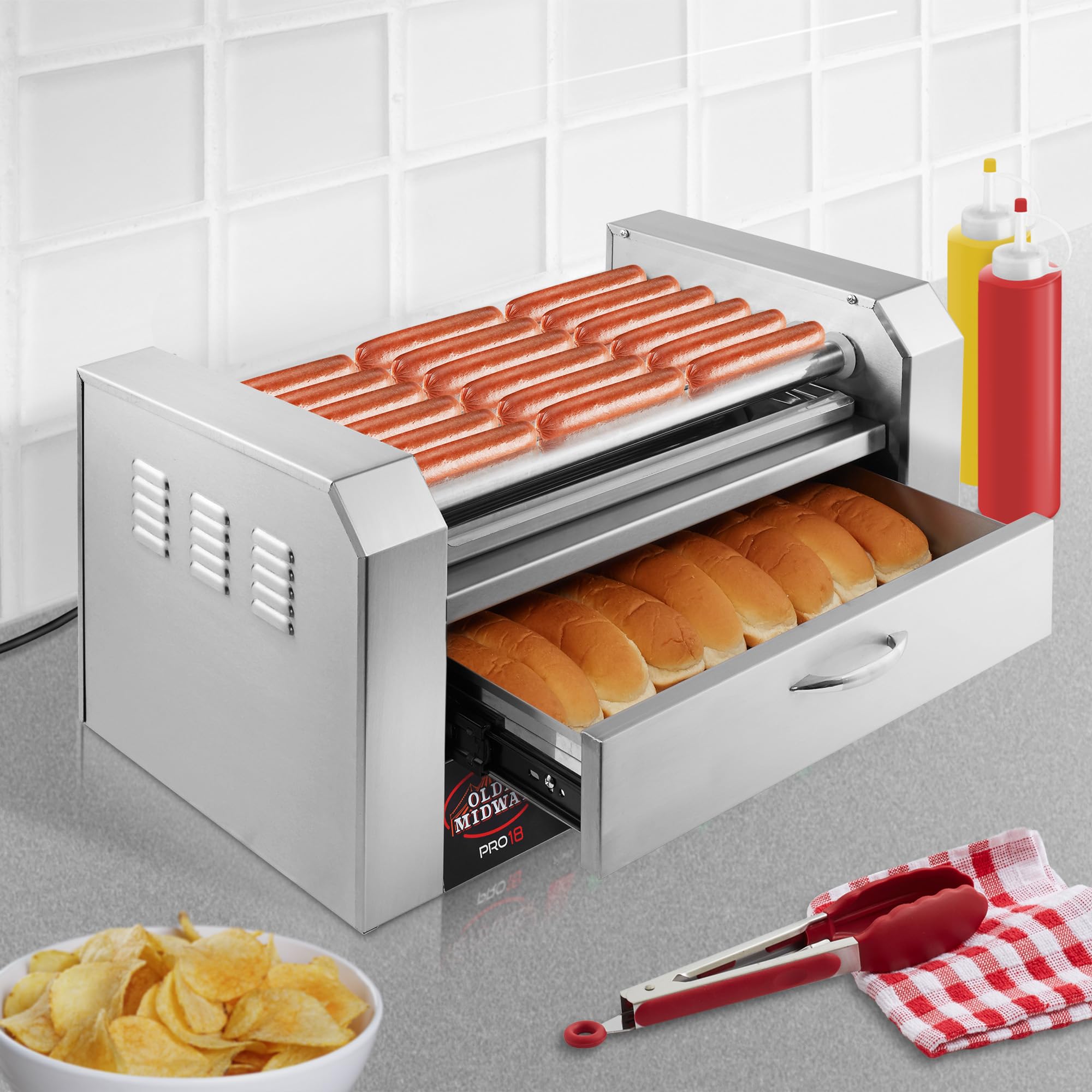 Olde Midway Electric 18 Hot Dog 7 Roller Grill Cooker Machine with Bun Warming Drawer - Commercial Grade Stainless Steel Hot Dog Warmer for Restaurants, Carnivals, and Food Trucks