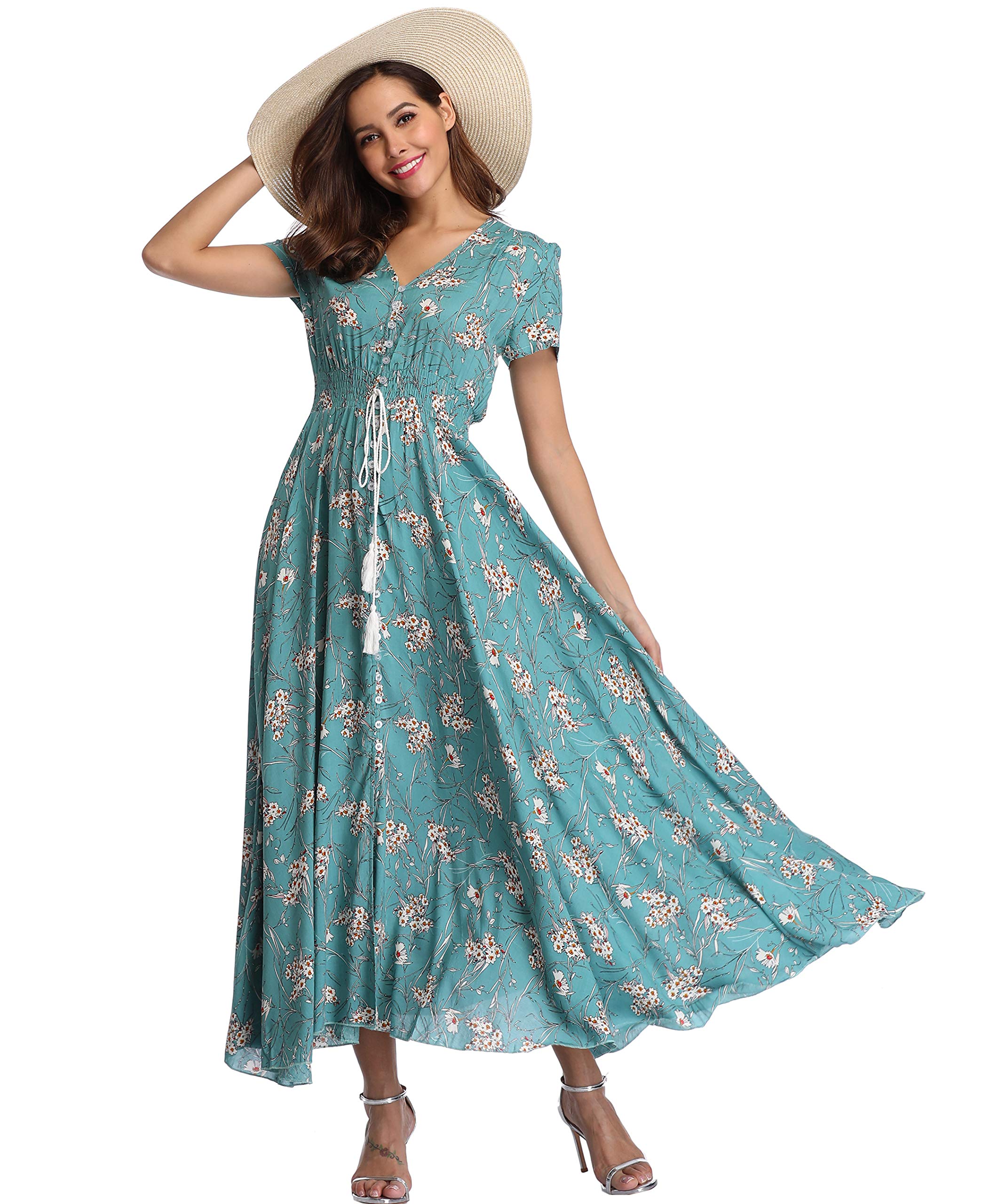 Ferrendo Women's Floral Maxi Dress - Button Up Boho Beach Dress with Side Slit & Flowy Design for Summer Parties, Vacations & Date Nights
